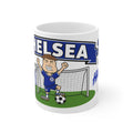 Personalised Chelsea Football Club Mug — Cartoon Player & Trophy 11oz