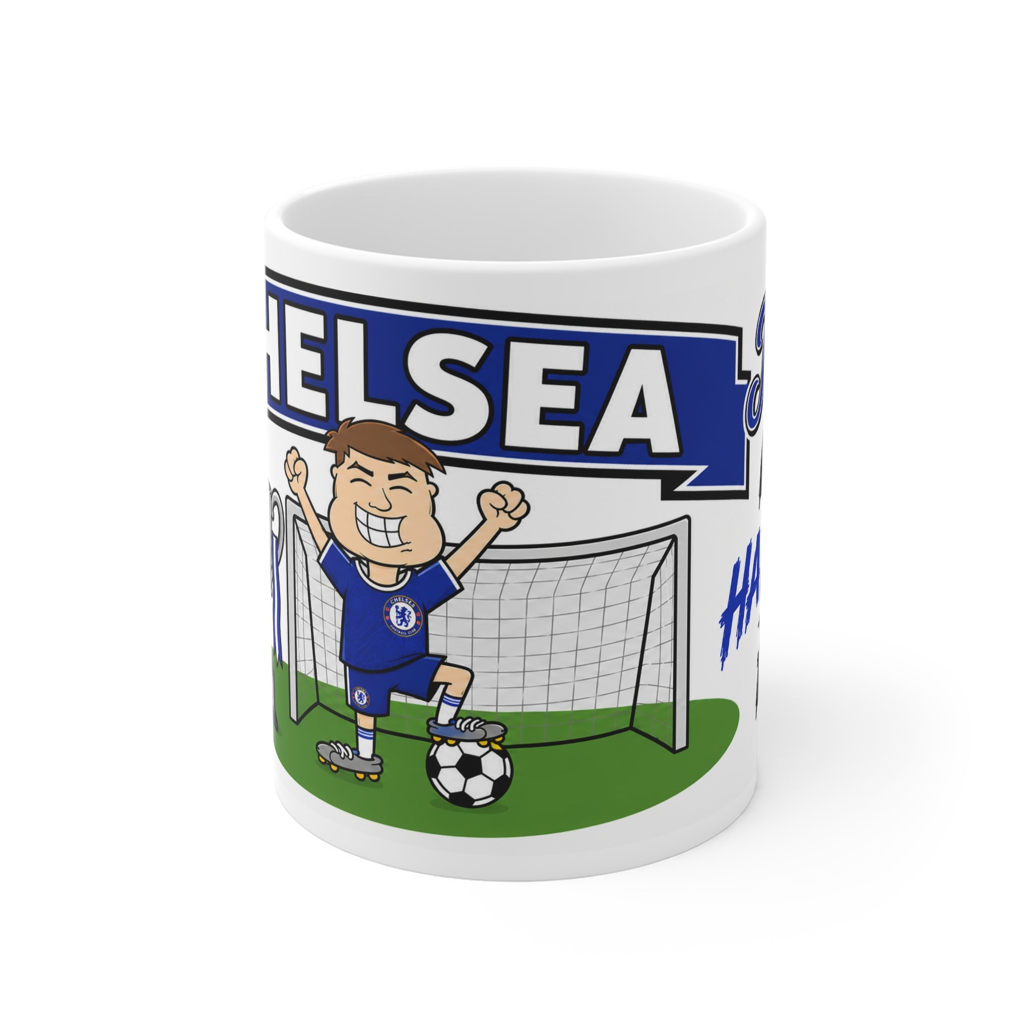 Personalised Chelsea Football Club Mug — Cartoon Player & Trophy 11oz