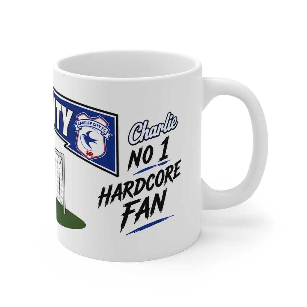 Personalised Cardiff City Football Club Mug — Cartoon Player & Trophy 11oz