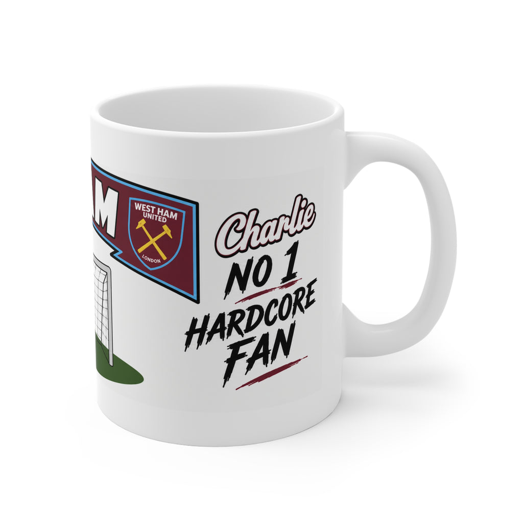 Personalised West Ham  Football Club Mug — Cartoon Player & Trophy 11oz