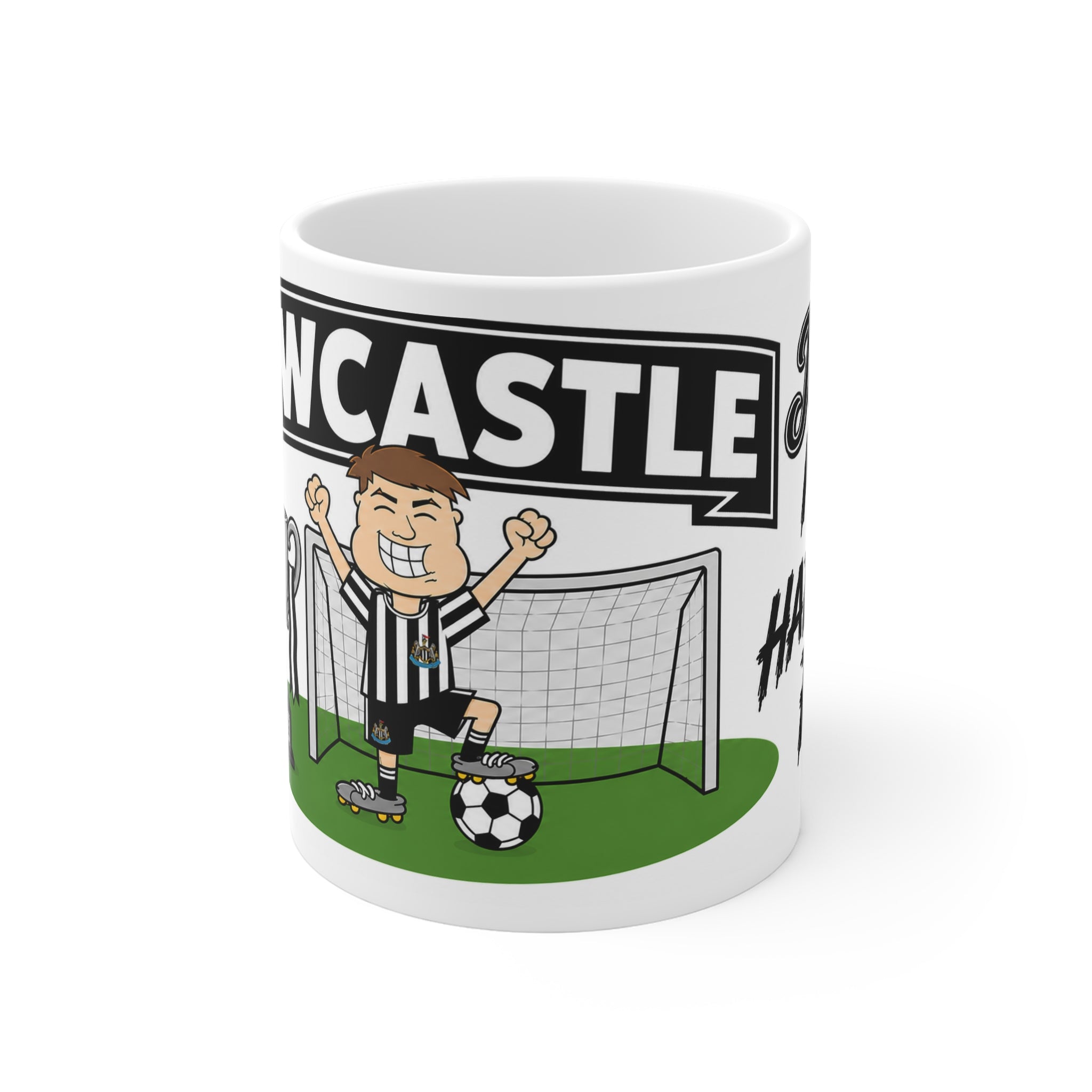 Personalised Newcastle Football Club Mug — Cartoon Player & Trophy 11oz