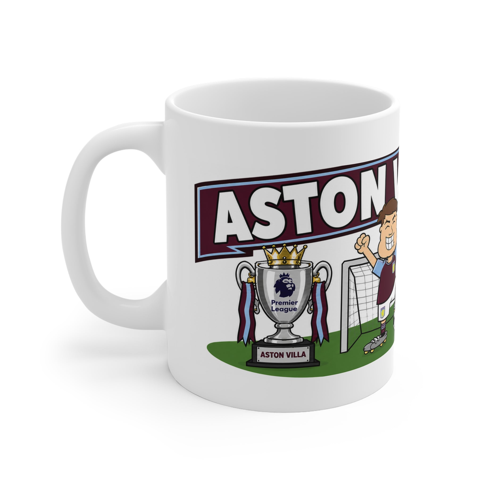 Personalised Aston Villa Football Club Mug — Cartoon Player & Trophy 11oz