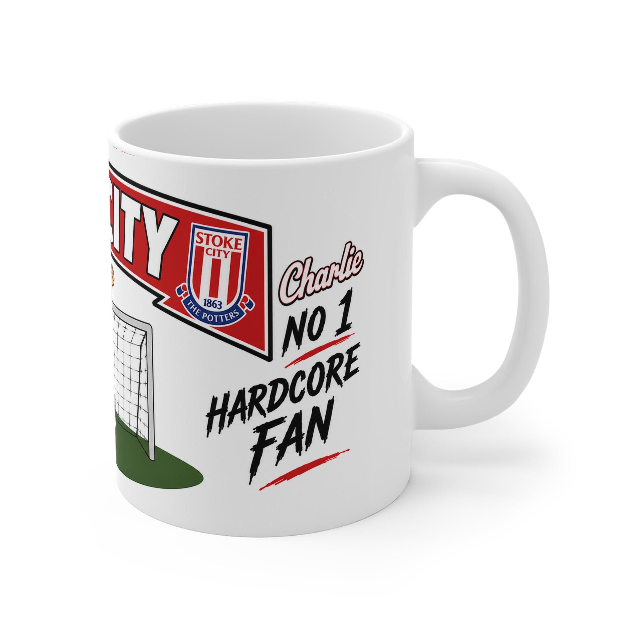 Personalised Stoke Football Club Mug — Cartoon Player & Trophy 11oz