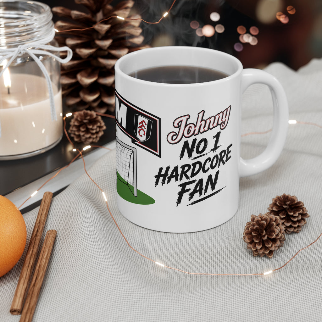 Personalised Fulham Football Club Mug — Cartoon Player & Trophy 11oz