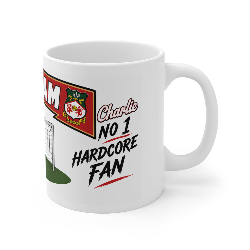 Personalised Wrexham Football Club Mug — Cartoon Player & Trophy 11oz
