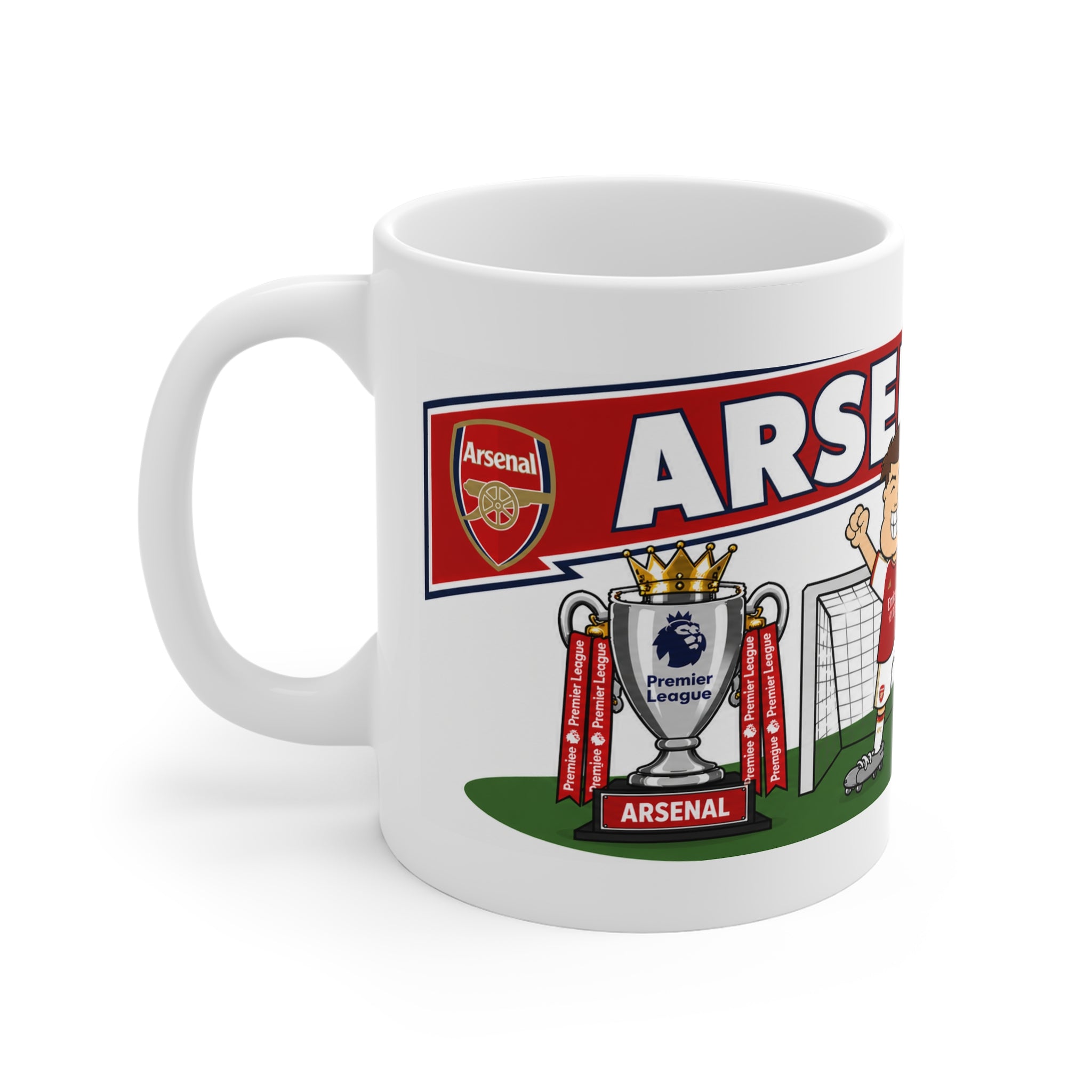 Personalised Arsenal Football Club Mug — Cartoon Player & Trophy 11oz