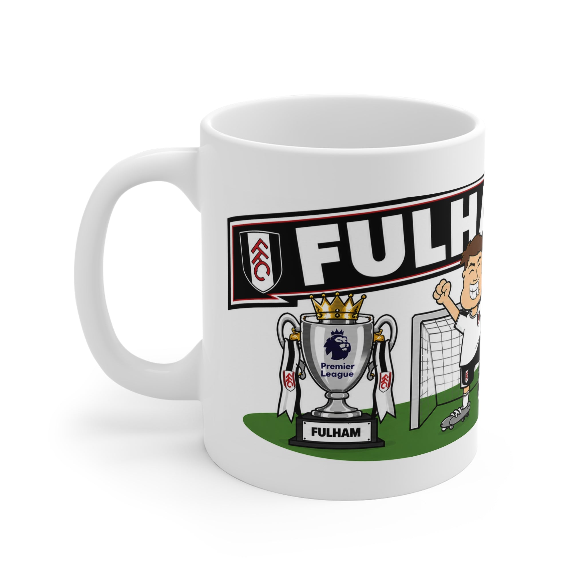 Personalised Fulham Football Club Mug — Cartoon Player & Trophy 11oz