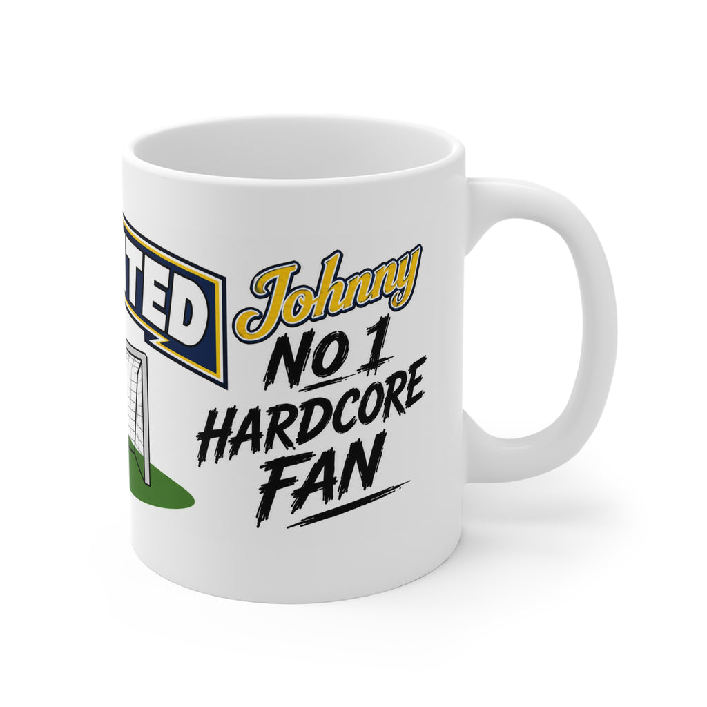 Personalised Leeds United Football Club Mug — Cartoon Player & Trophy 11oz