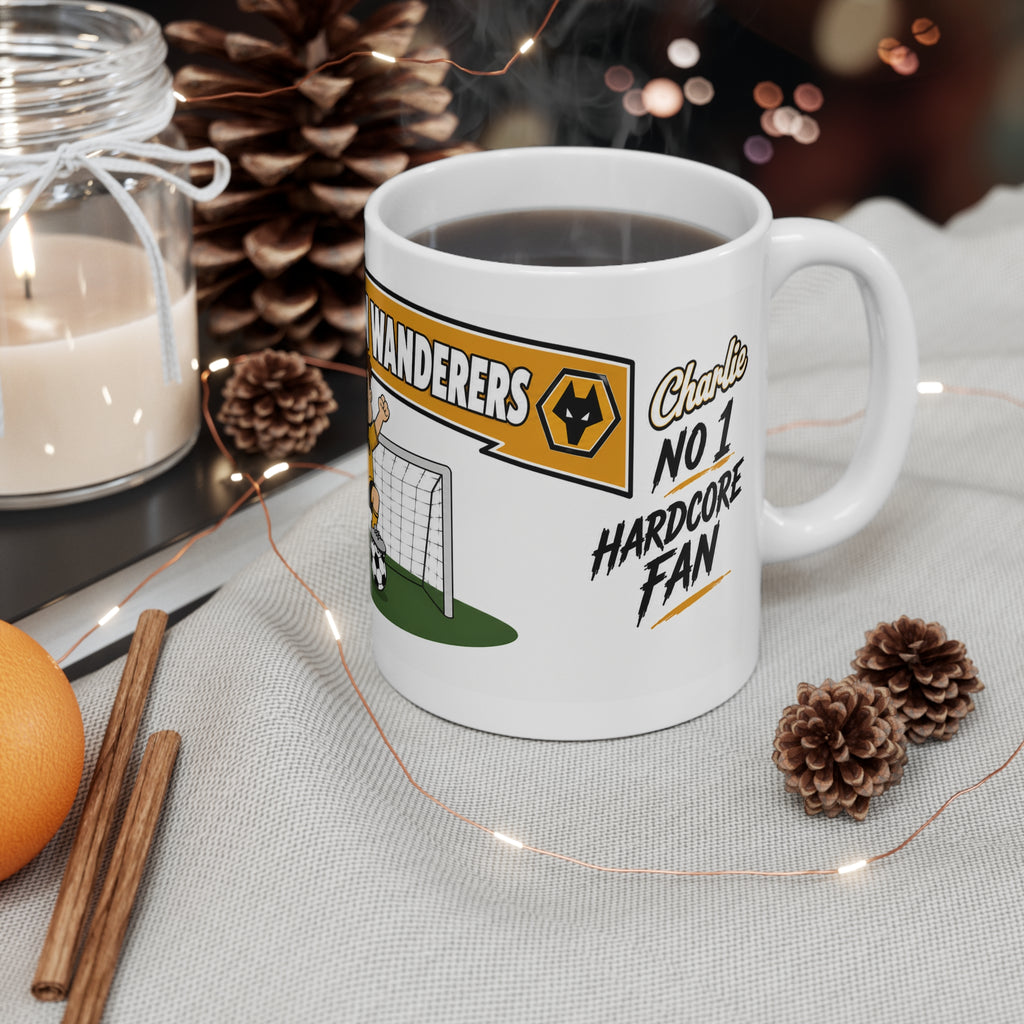 Personalised Wolverhampton Wanderers Football Club Mug — Cartoon Player & Trophy 11oz