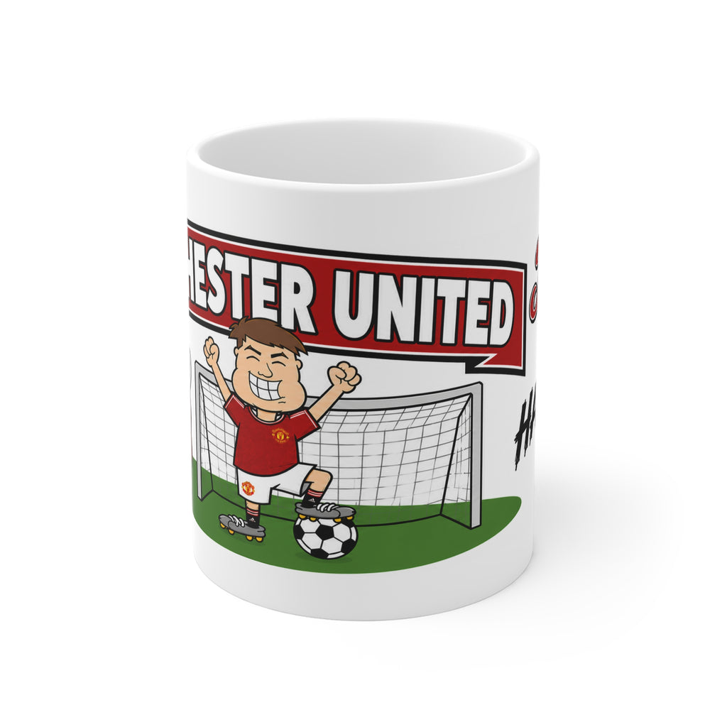 Personalised Manchester United Football Club Mug — Cartoon Player & Trophy 11oz