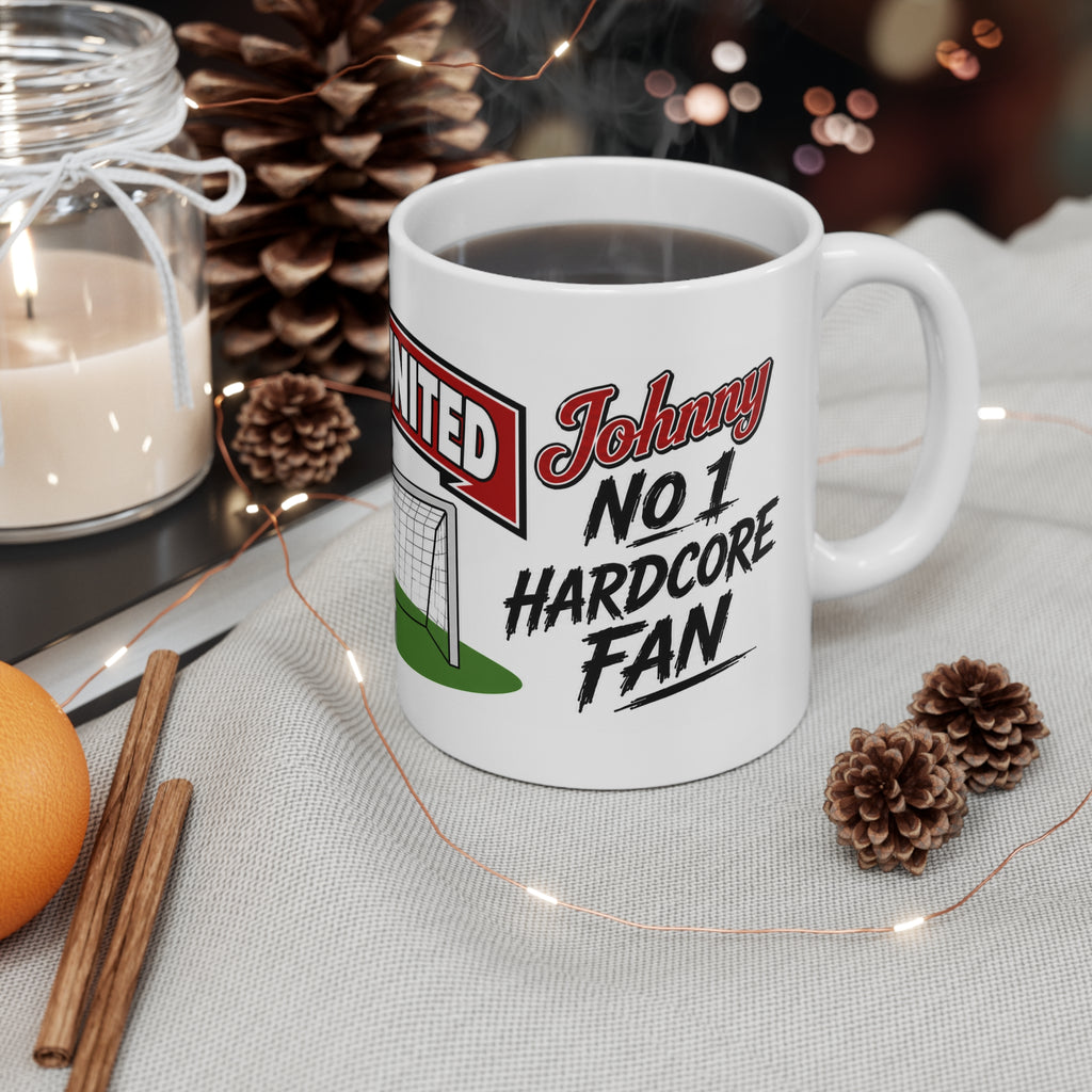 Personalised Manchester United Football Club Mug — Cartoon Player & Trophy 11oz