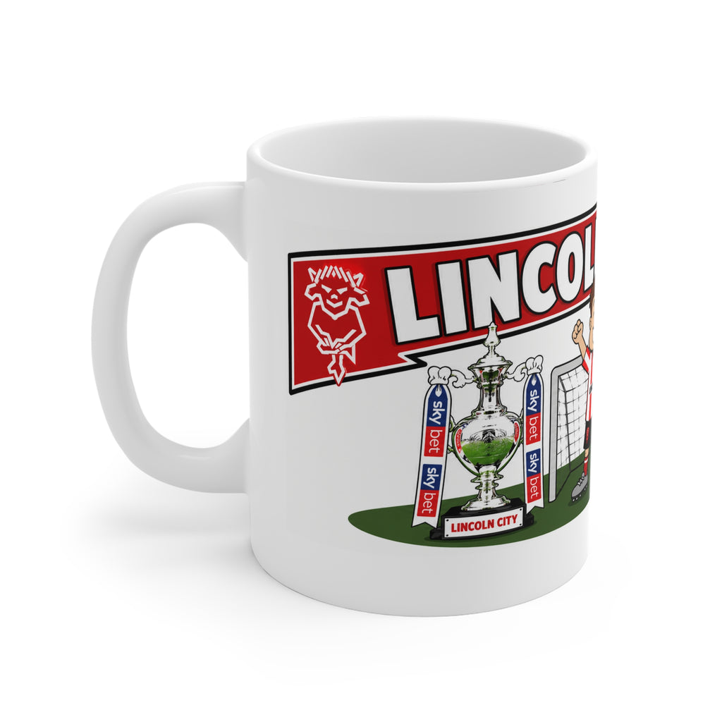 Personalised Lincoln City Football Club Mug — Cartoon Player & Trophy 11oz