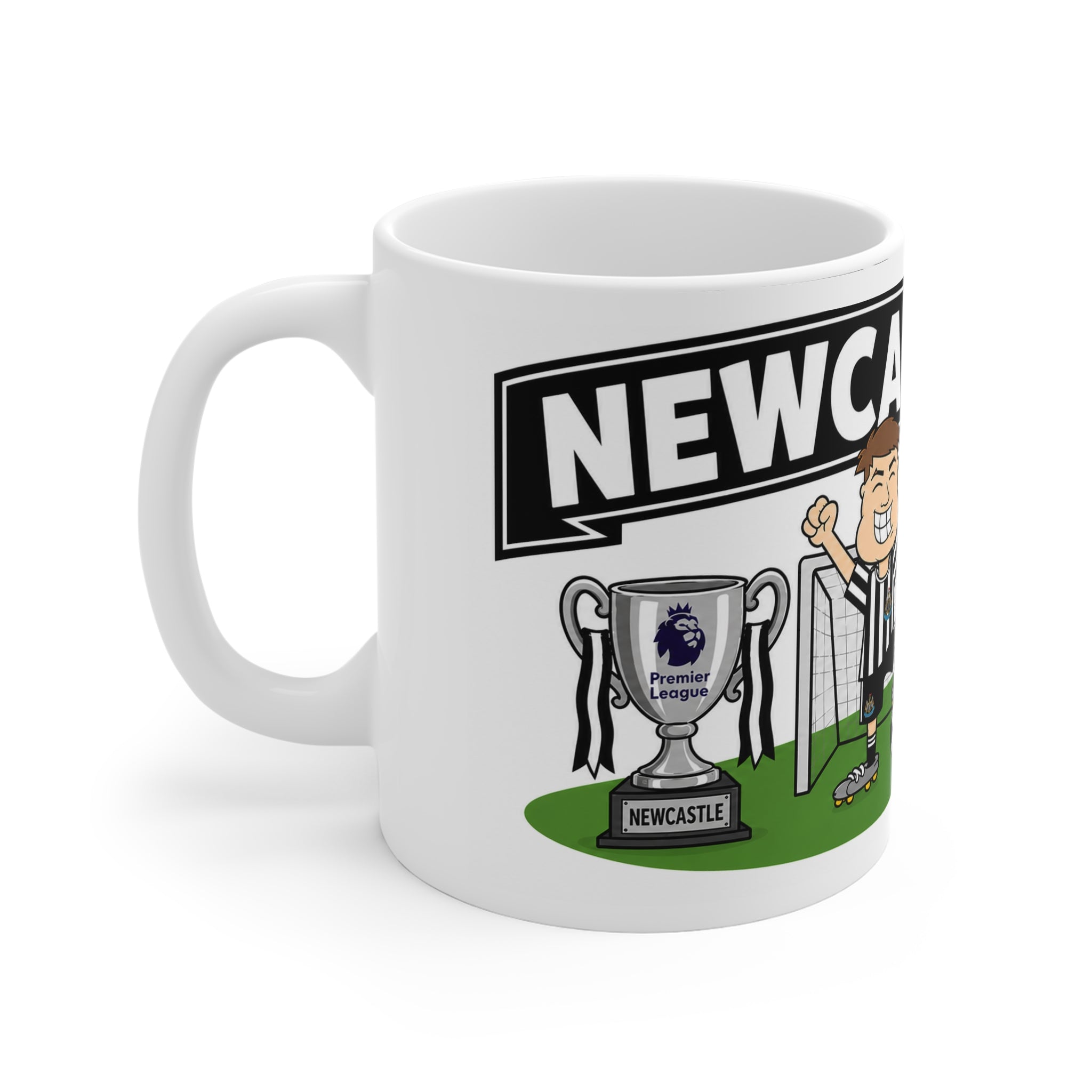 Personalised Newcastle Football Club Mug — Cartoon Player & Trophy 11oz