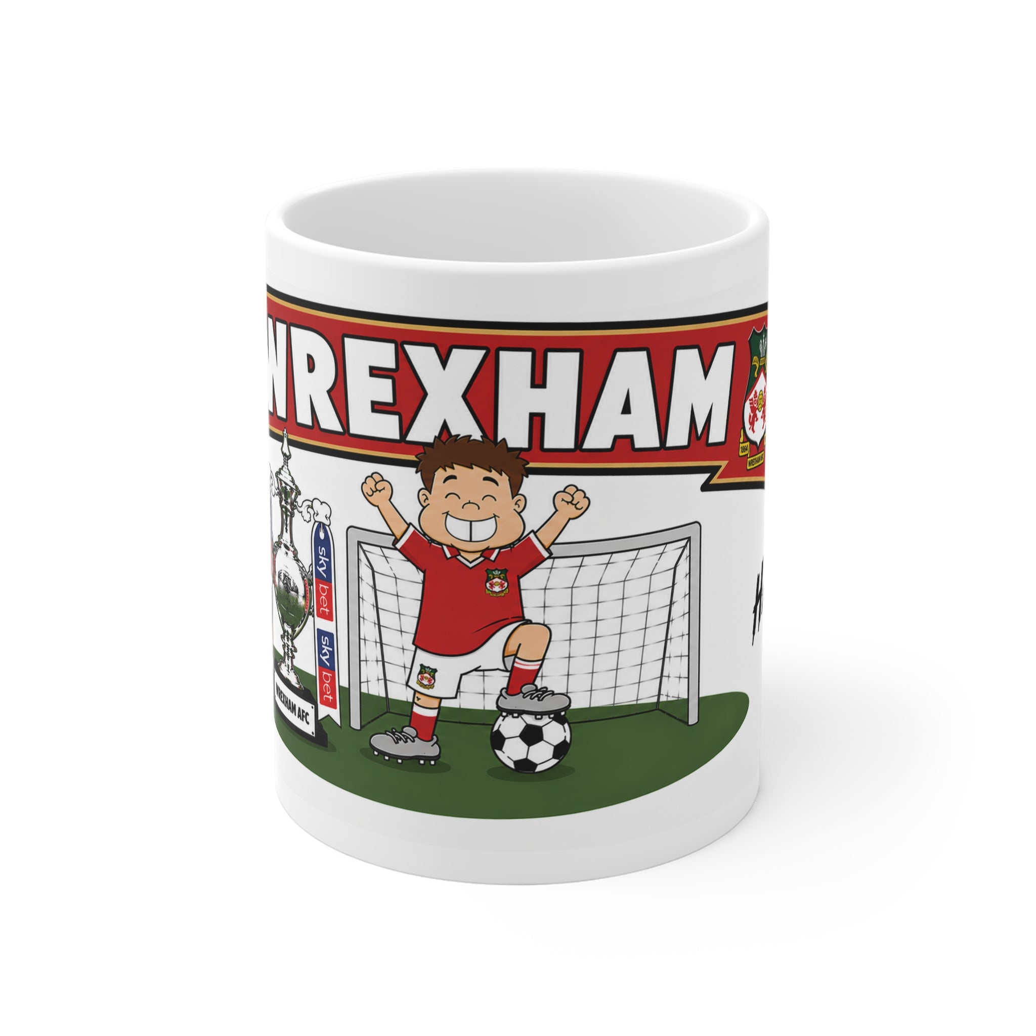 Personalised Wrexham Football Club Mug — Cartoon Player & Trophy 11oz