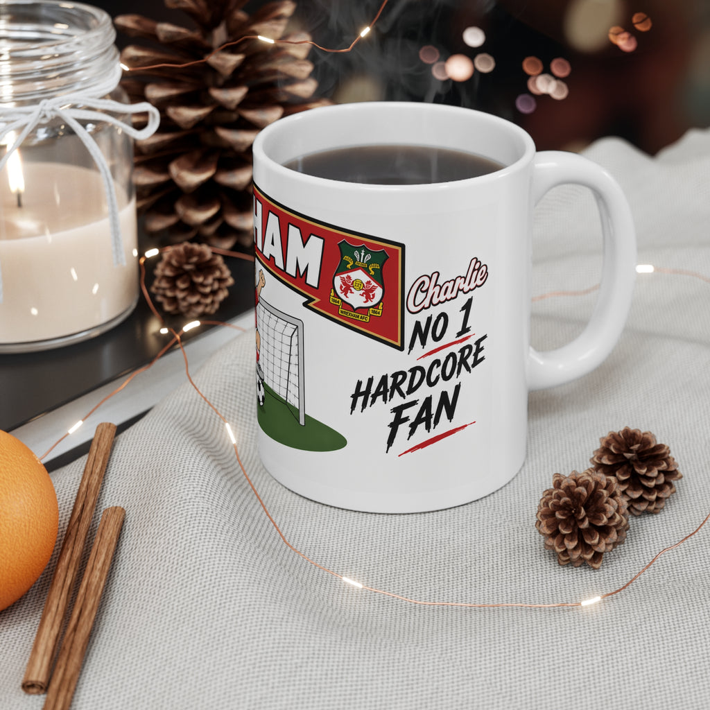 Personalised Wrexham Football Club Mug — Cartoon Player & Trophy 11oz