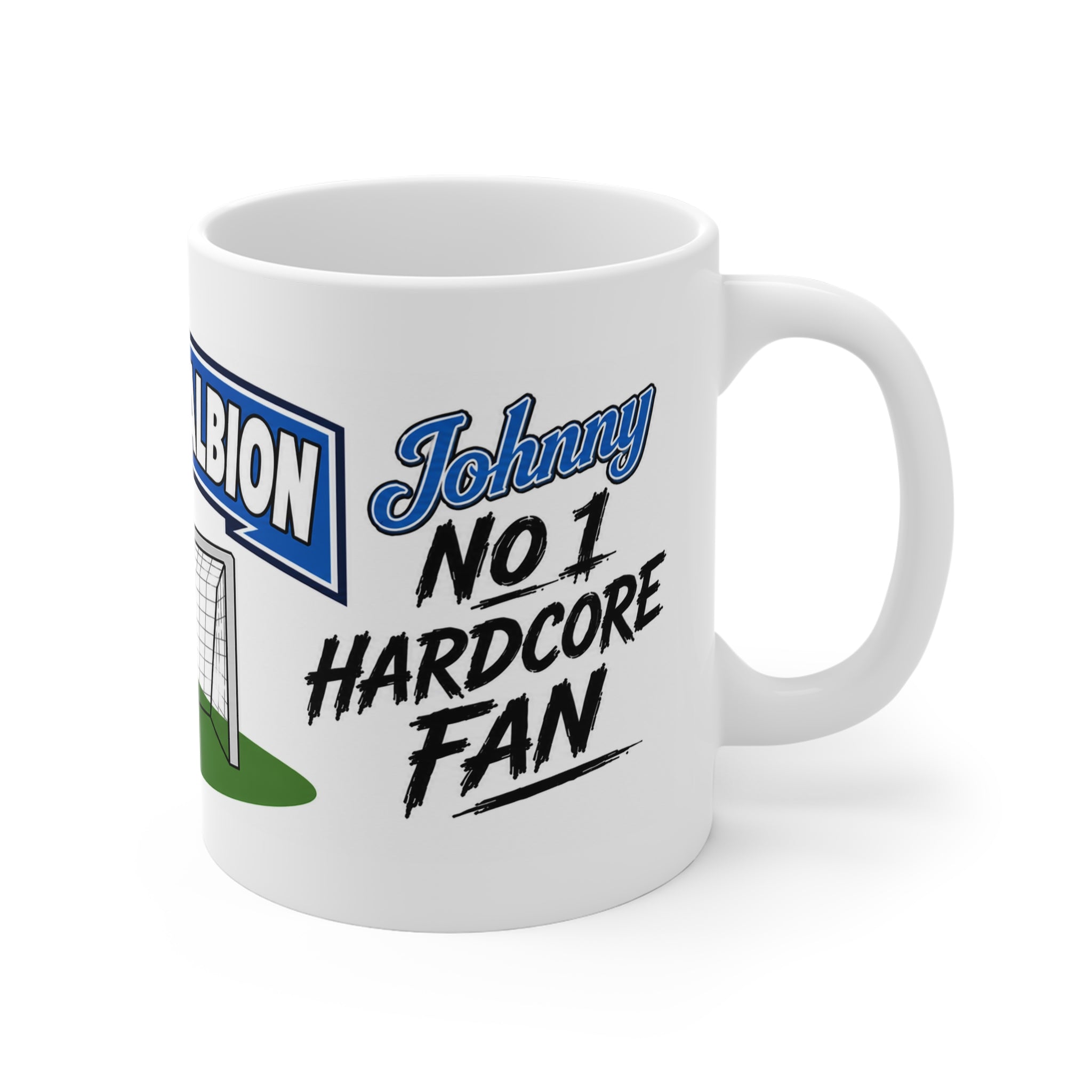 Personalised Brighton & Hove Albion Football Club Mug — Cartoon Player & Trophy 11oz