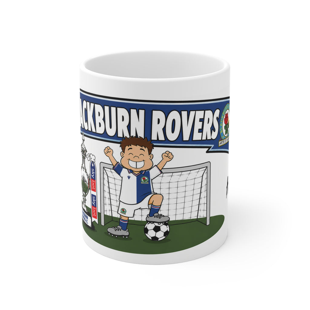 Personalised Blackburn Rovers Football Club Mug — Cartoon Player & Trophy 11oz