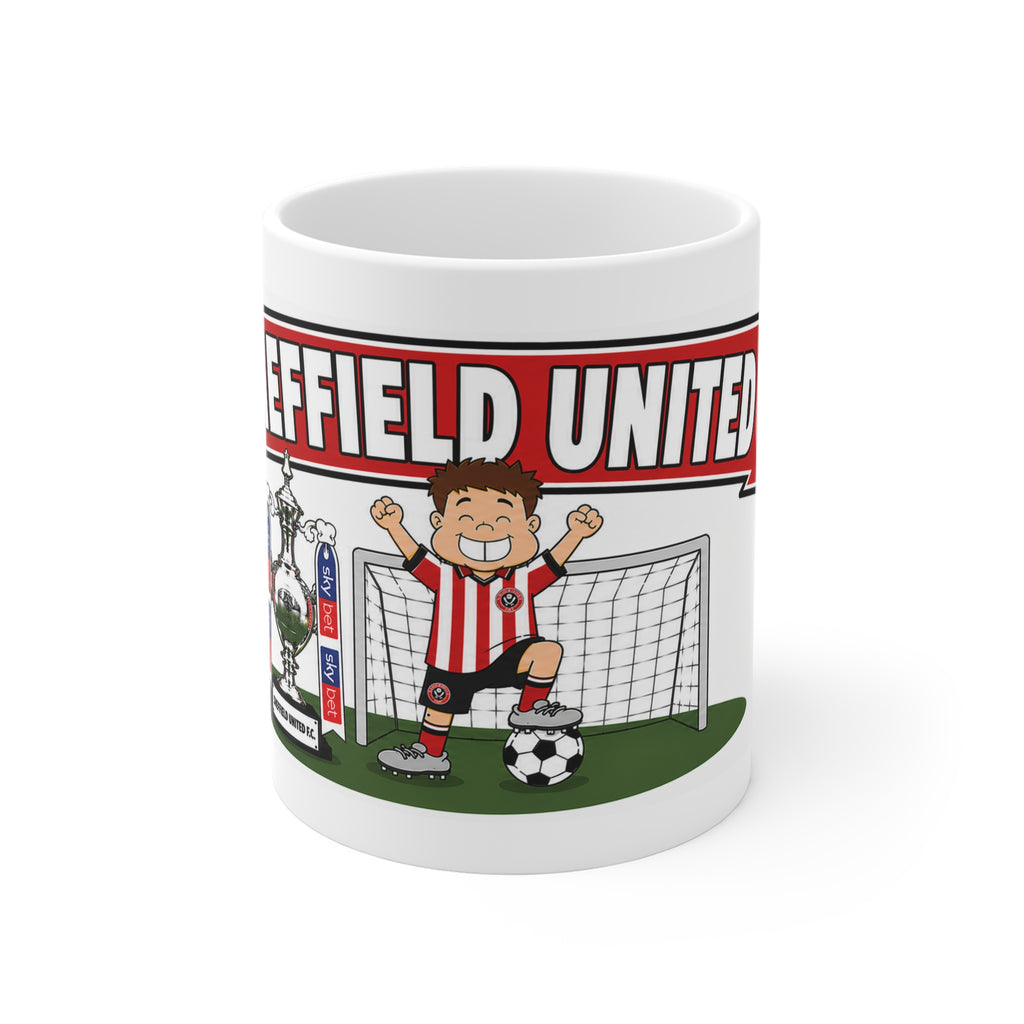 Personalised Sheffeild United Football Club Mug — Cartoon Player & Trophy 11oz