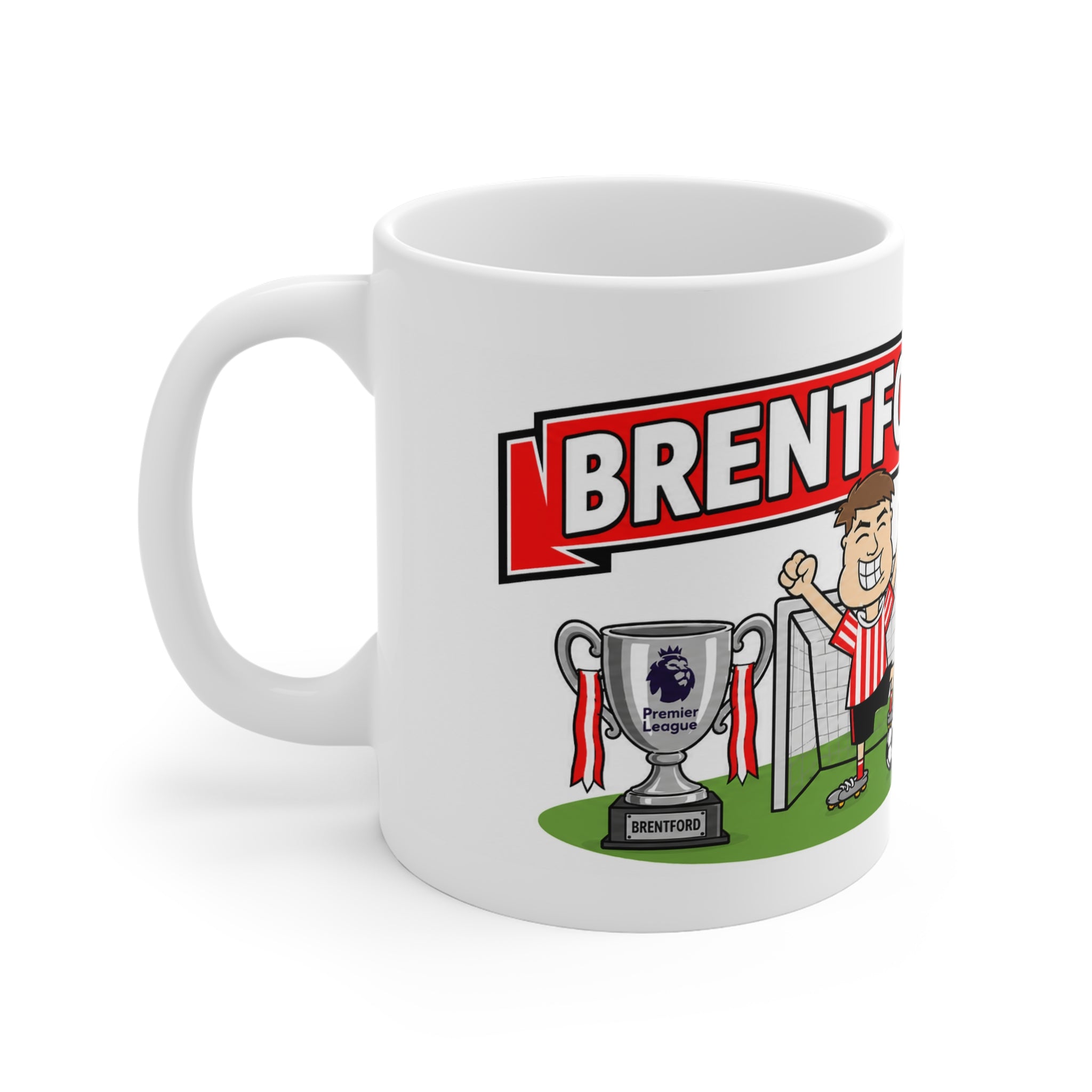 Personalised Brentford Football Club Mug — Cartoon Player & Trophy 11oz