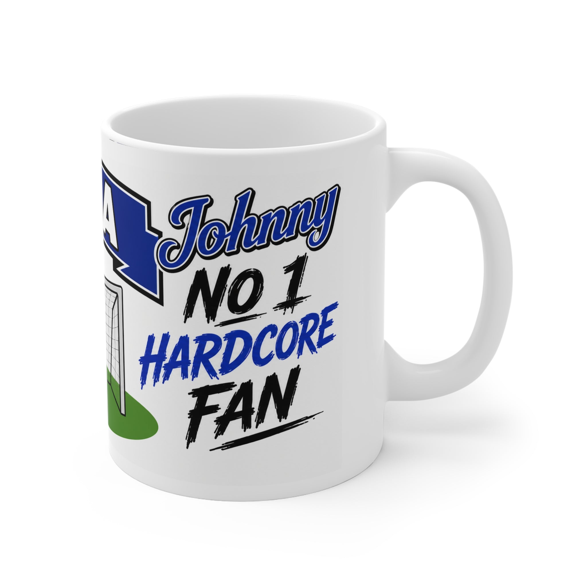 Personalised Chelsea Football Club Mug — Cartoon Player & Trophy 11oz