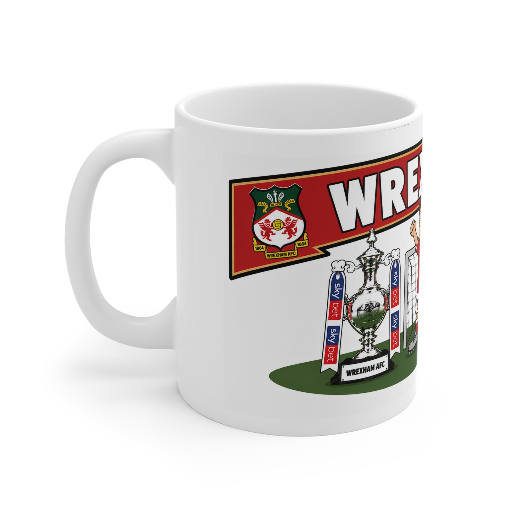 Personalised Wrexham Football Club Mug — Cartoon Player & Trophy 11oz