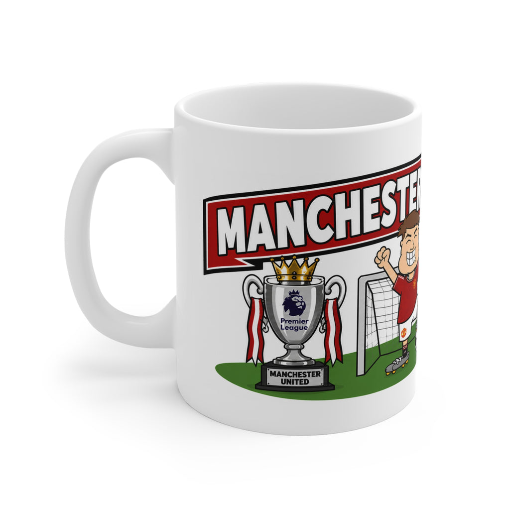 Personalised Manchester United Football Club Mug — Cartoon Player & Trophy 11oz