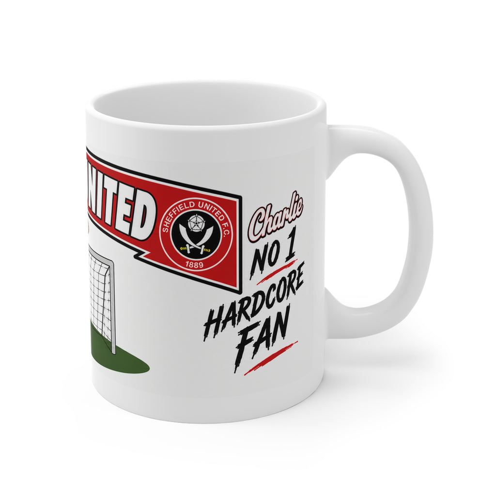 Personalised Sheffeild United Football Club Mug — Cartoon Player & Trophy 11oz