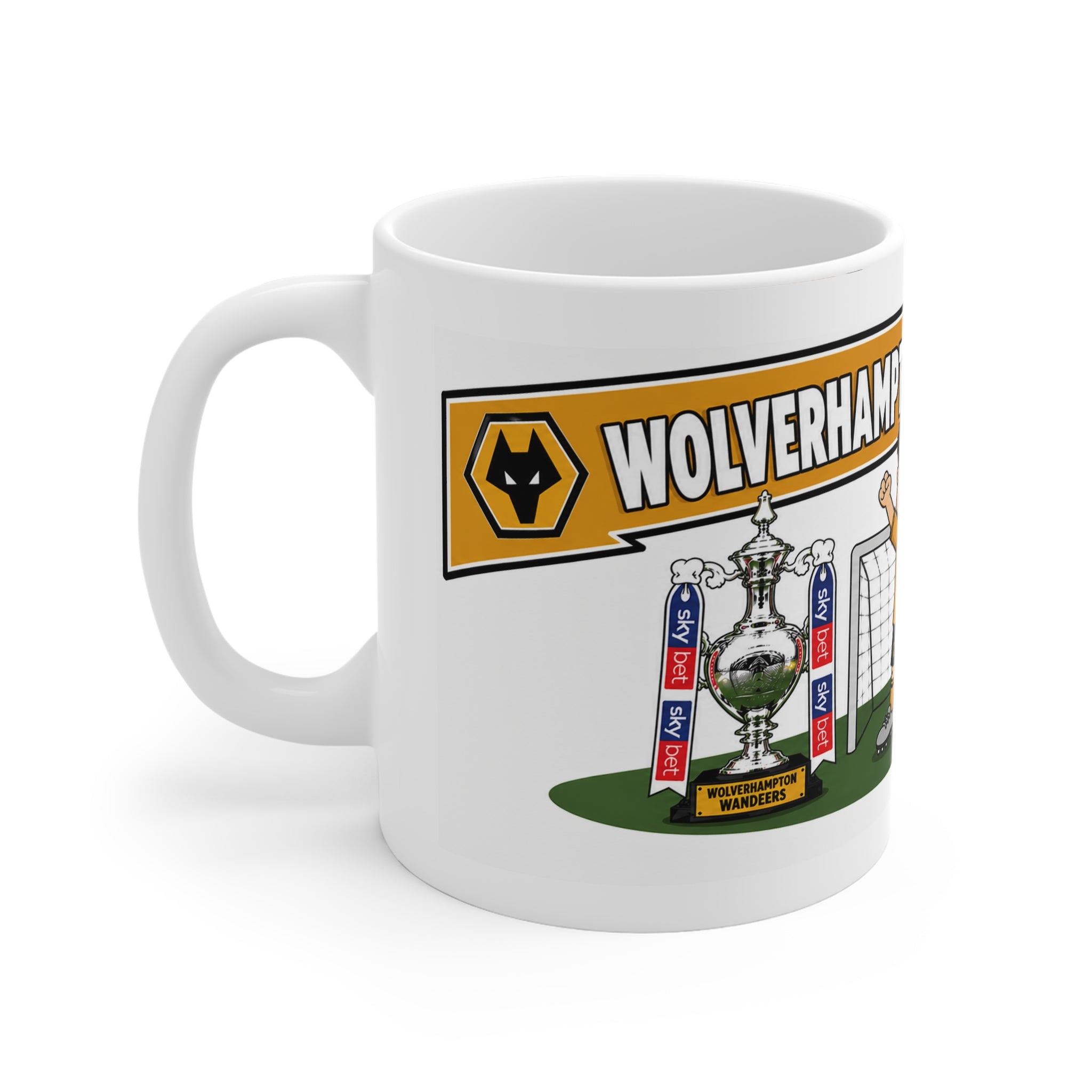 Personalised Wolverhampton Wanderers Football Club Mug — Cartoon Player & Trophy 11oz