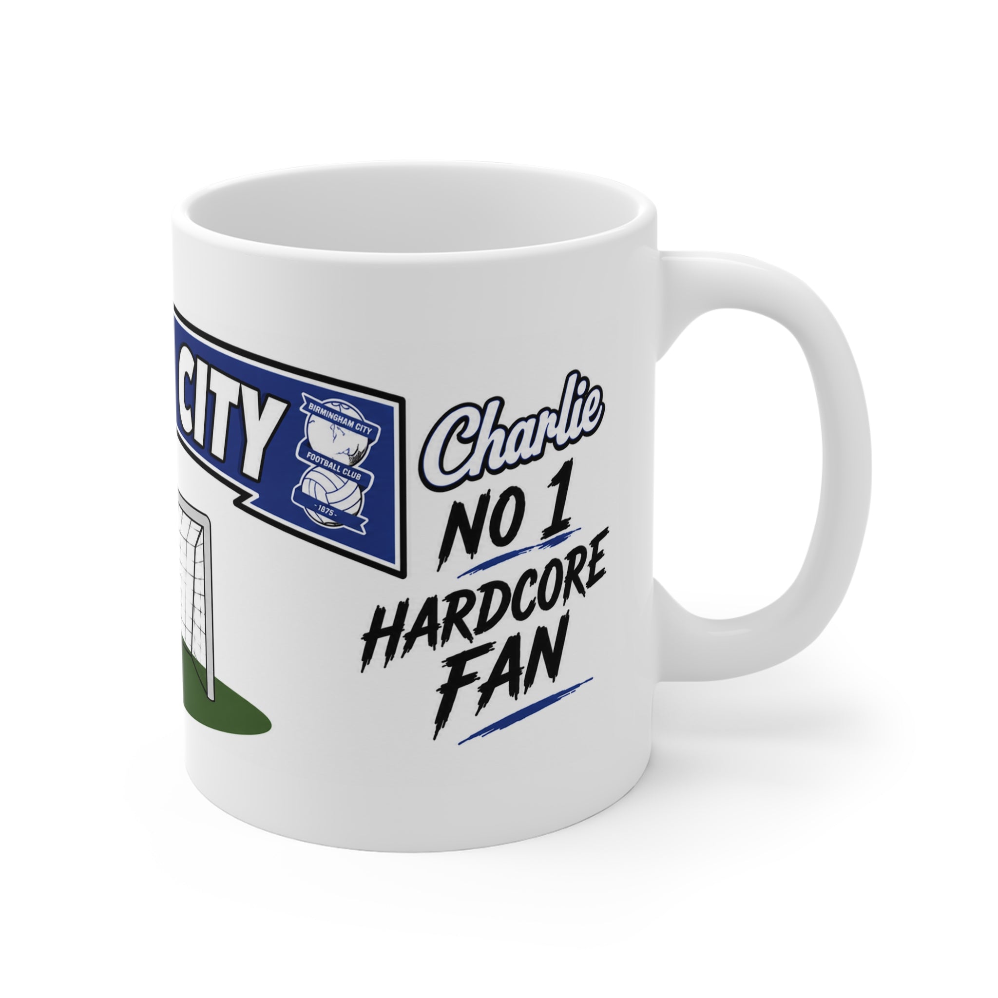 Personalised Birmingham City Football Club Mug — Cartoon Player & Trophy 11oz