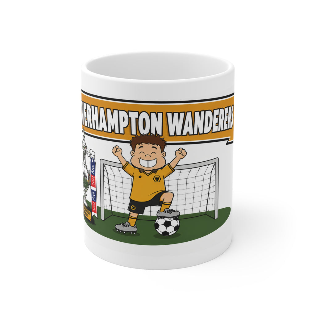 Personalised Wolverhampton Wanderers Football Club Mug — Cartoon Player & Trophy 11oz
