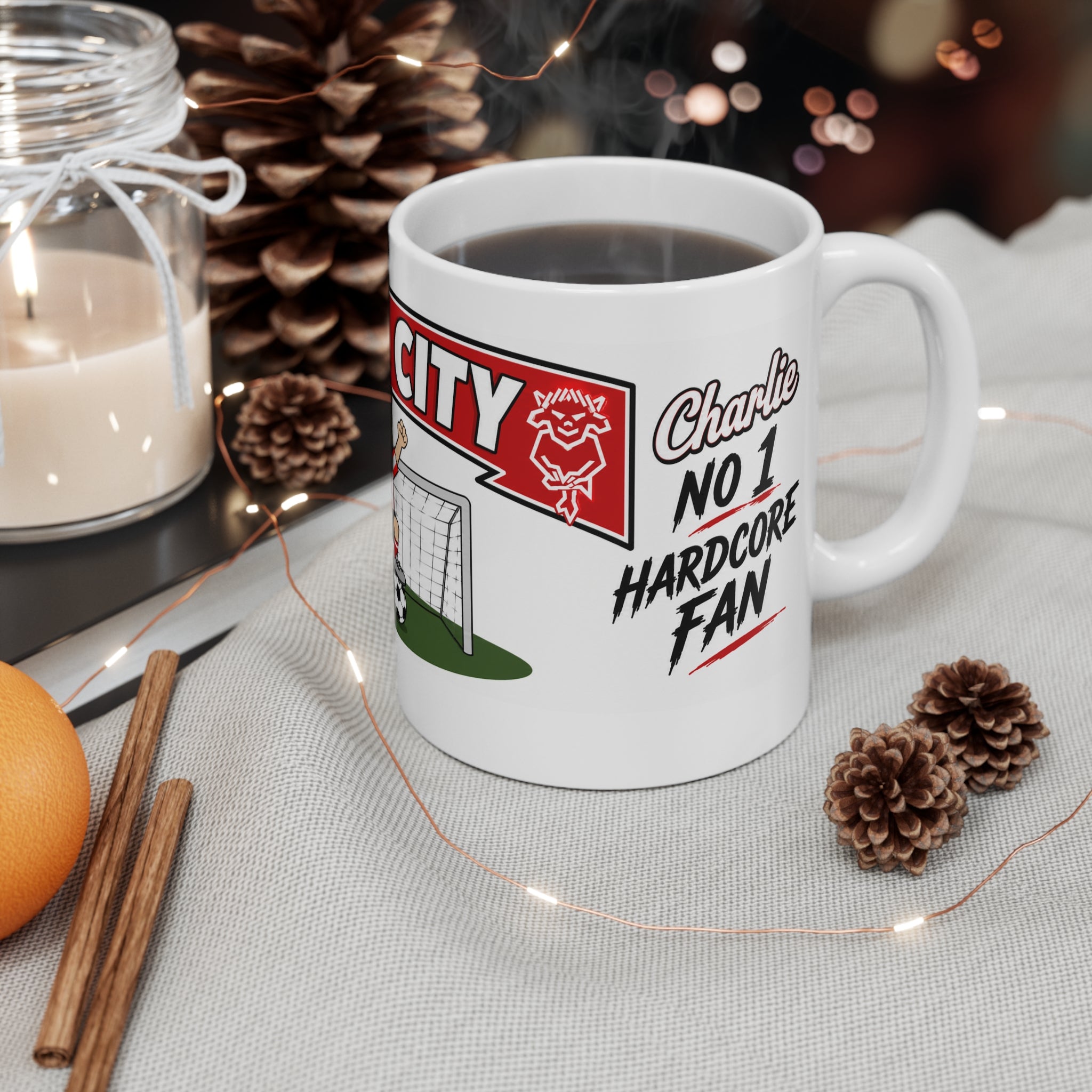 Personalised Lincoln City Football Club Mug — Cartoon Player & Trophy 11oz