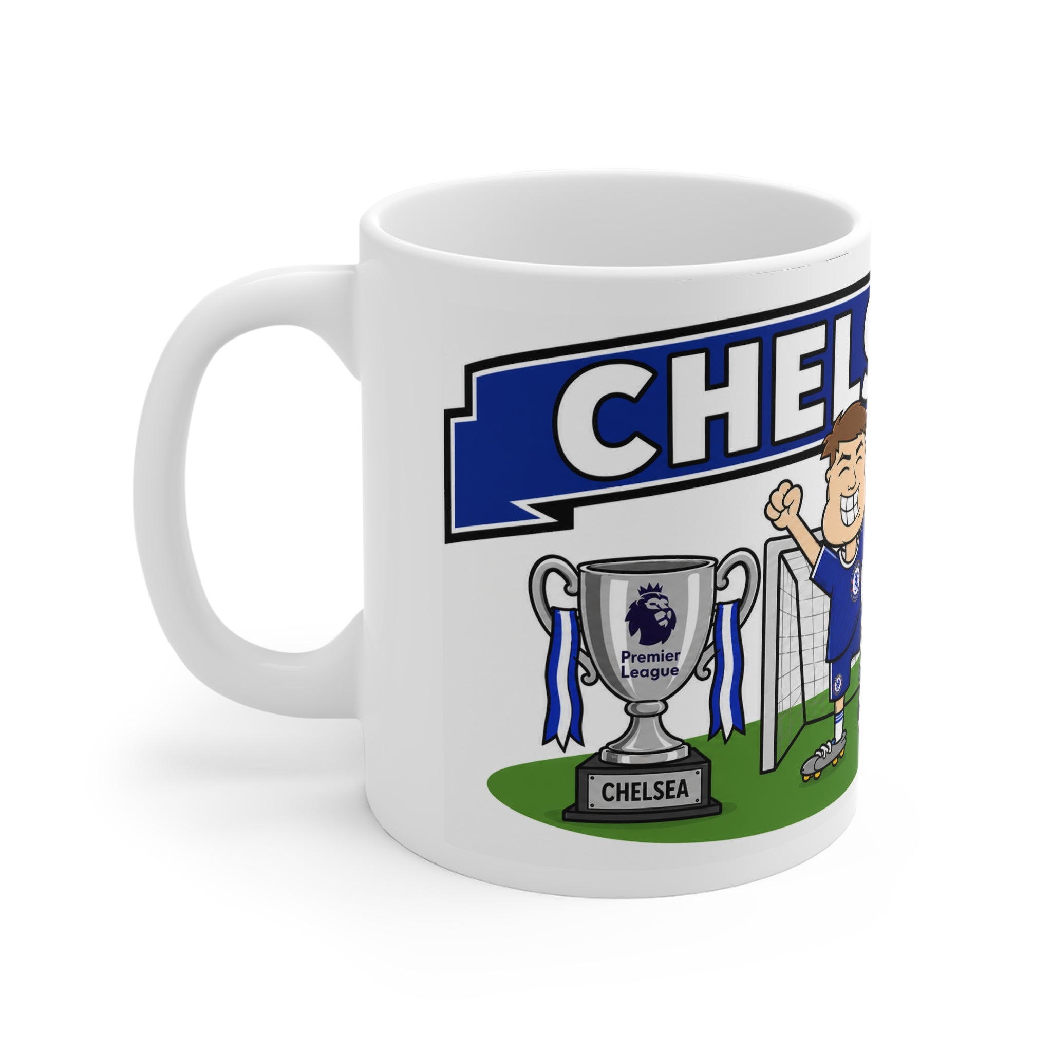 Personalised Chelsea Football Club Mug — Cartoon Player & Trophy 11oz