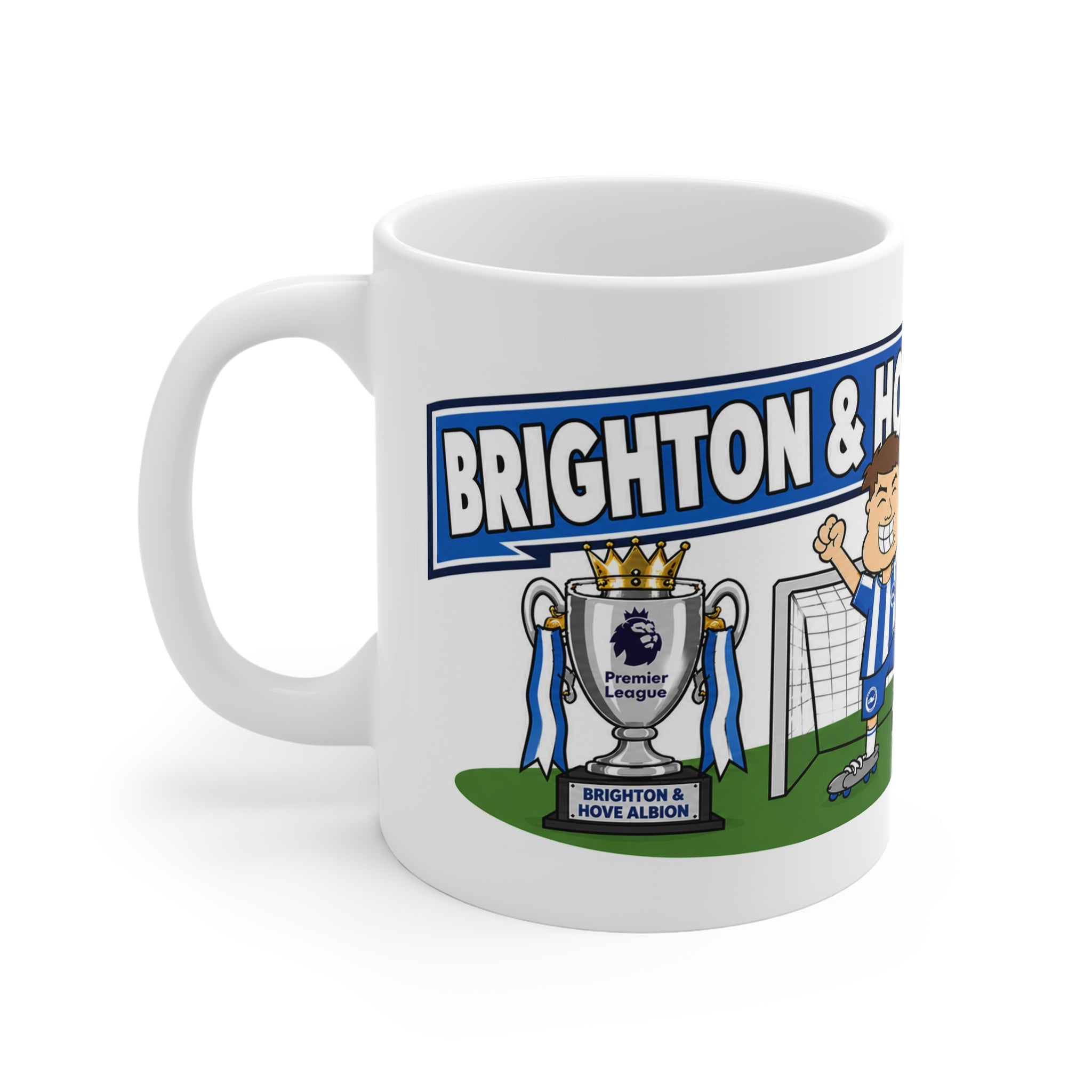 Personalised Brighton & Hove Albion Football Club Mug — Cartoon Player & Trophy 11oz