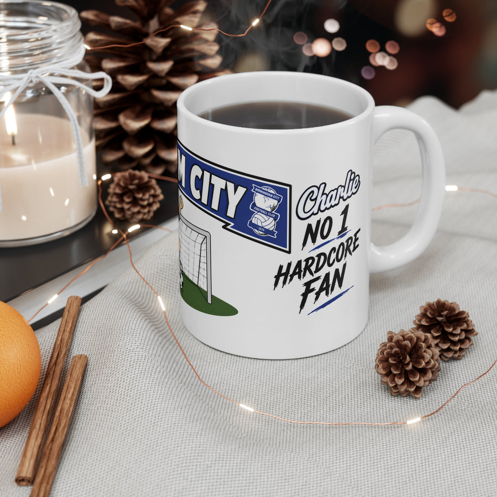 Personalised Birmingham City Football Club Mug — Cartoon Player & Trophy 11oz