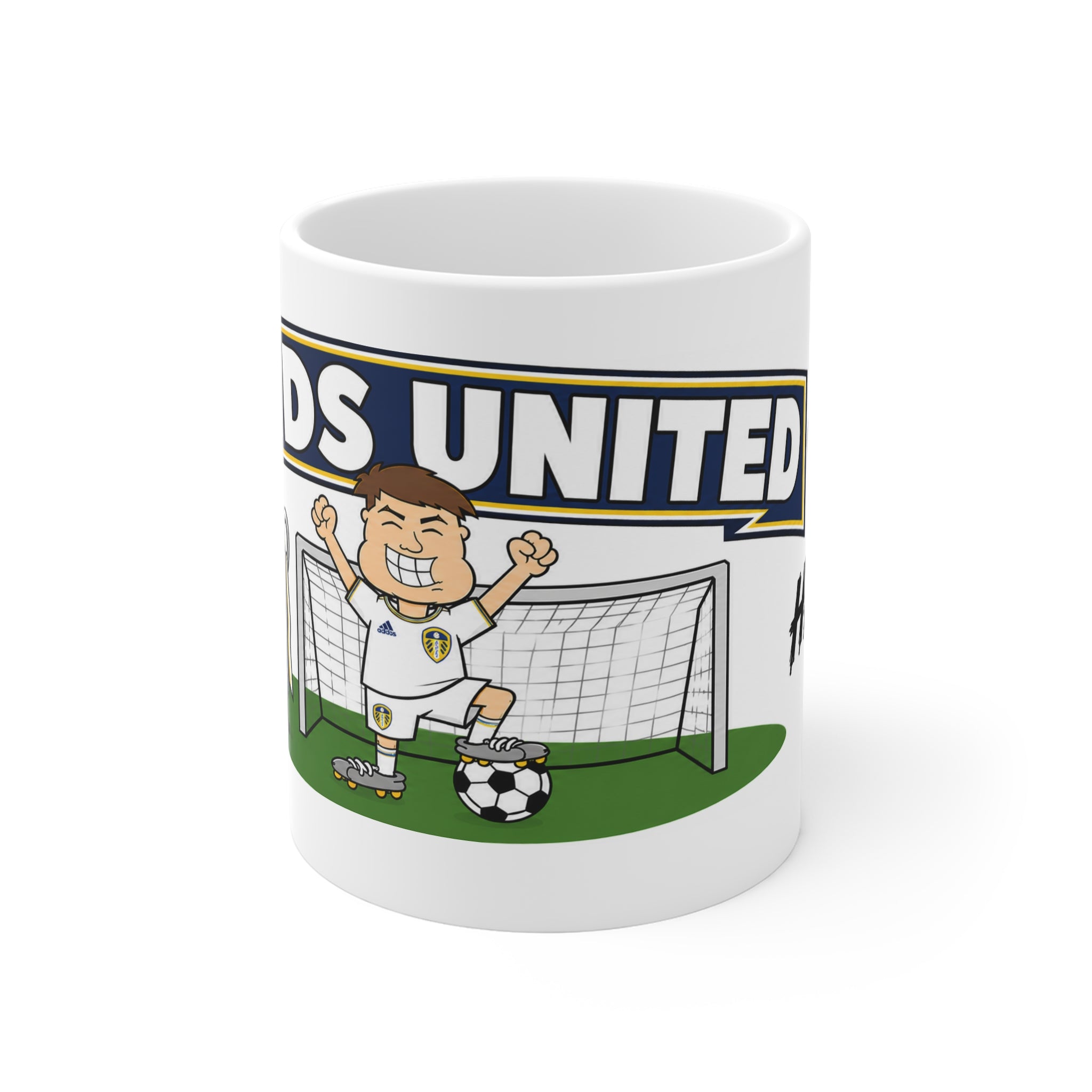 Personalised Leeds United Football Club Mug — Cartoon Player & Trophy 11oz