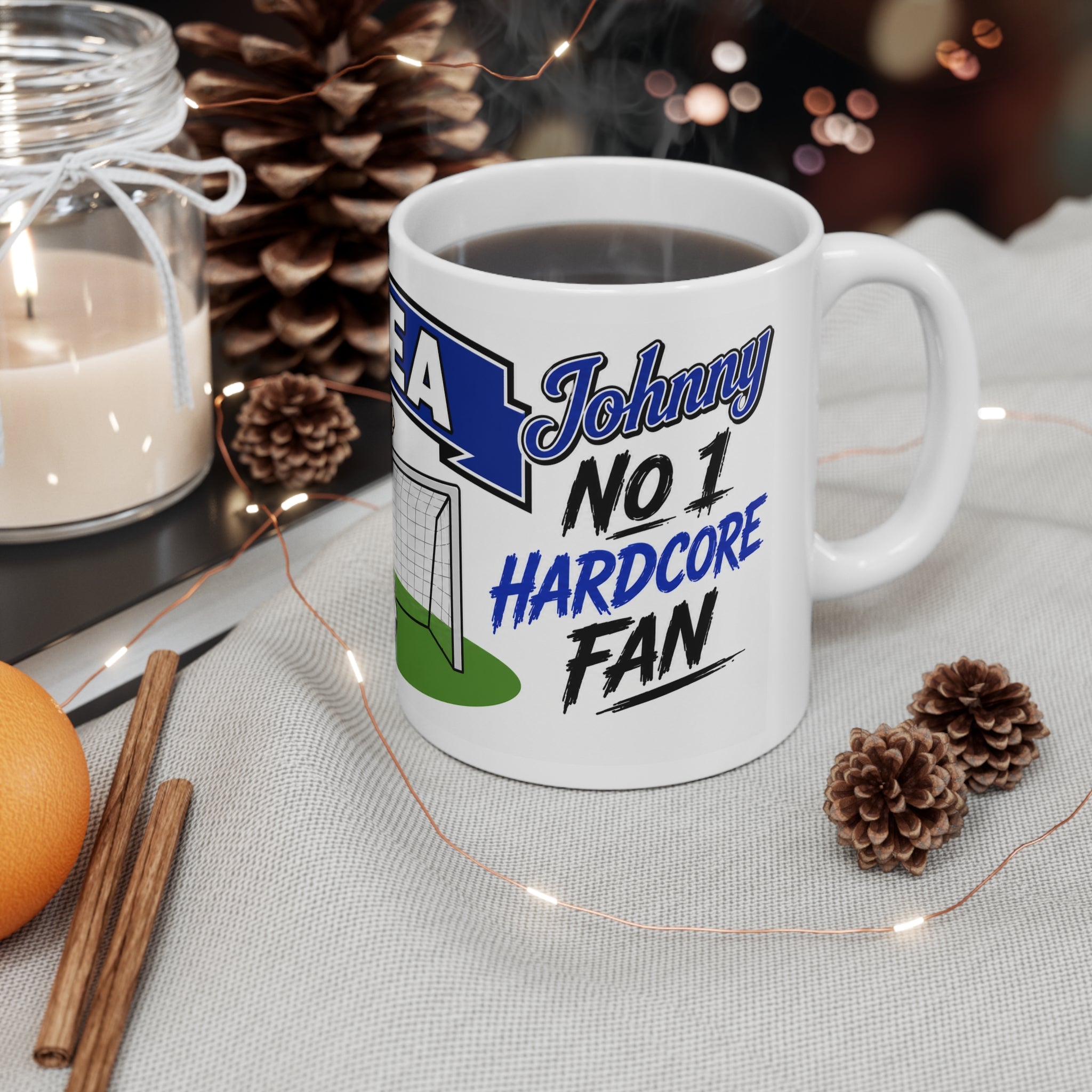 Personalised Chelsea Football Club Mug — Cartoon Player & Trophy 11oz