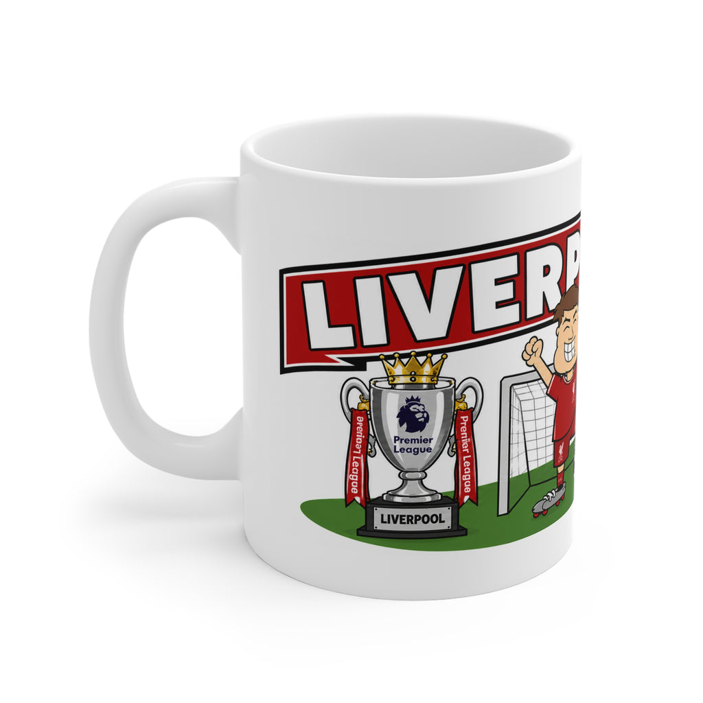 Personalised Liverpool Football Club Mug — Cartoon Player & Trophy 11oz
