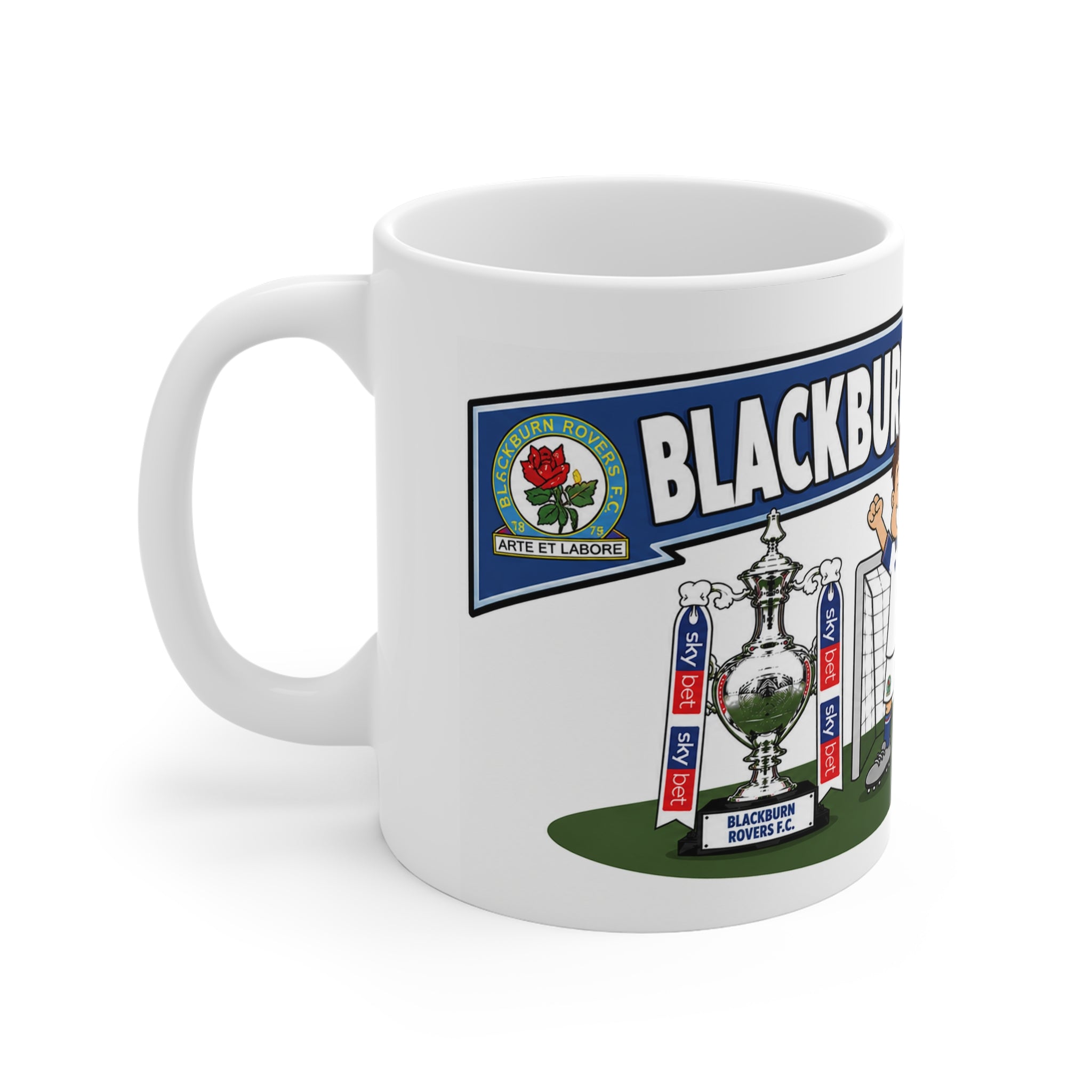 Personalised Blackburn Rovers Football Club Mug — Cartoon Player & Trophy 11oz
