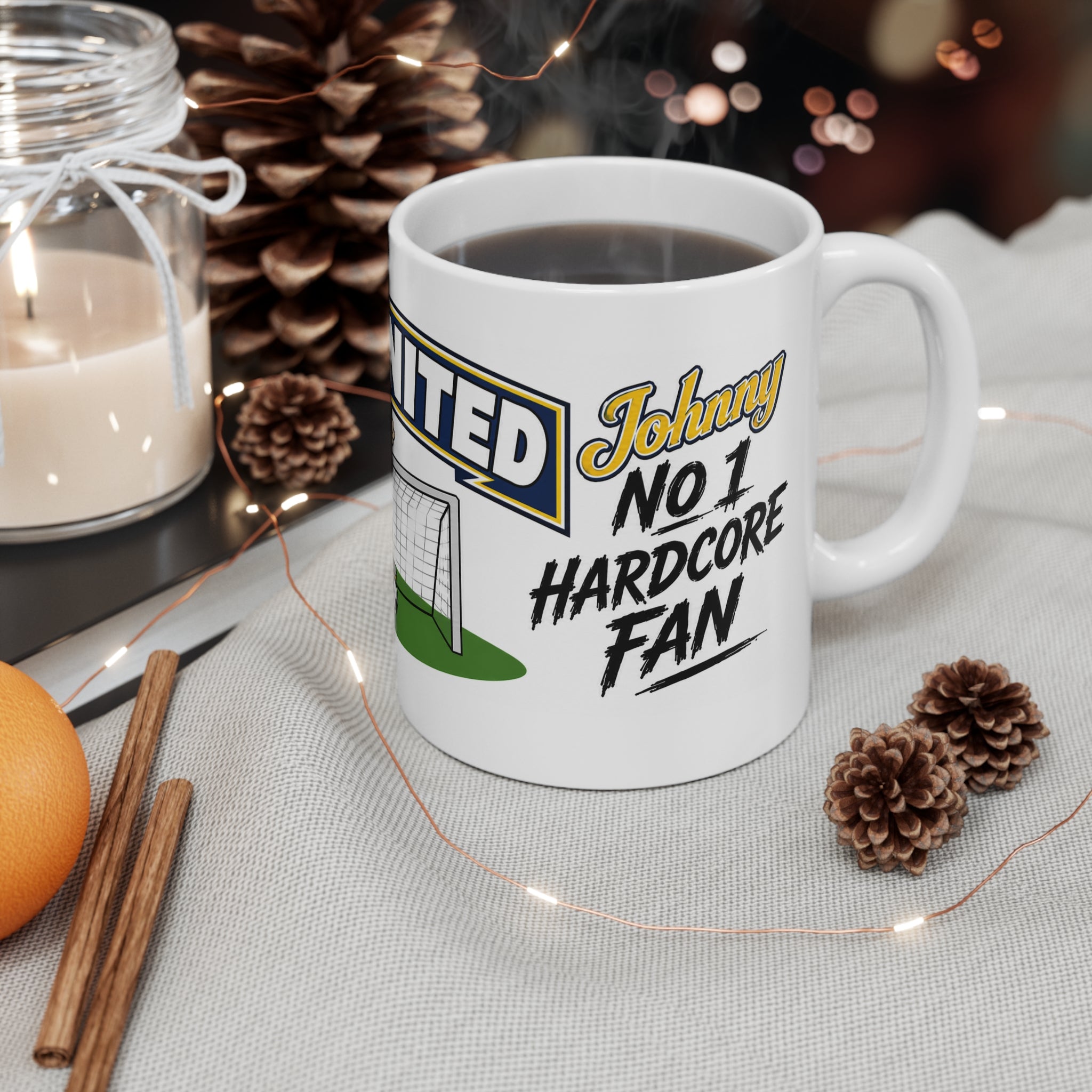 Personalised Leeds United Football Club Mug — Cartoon Player & Trophy 11oz