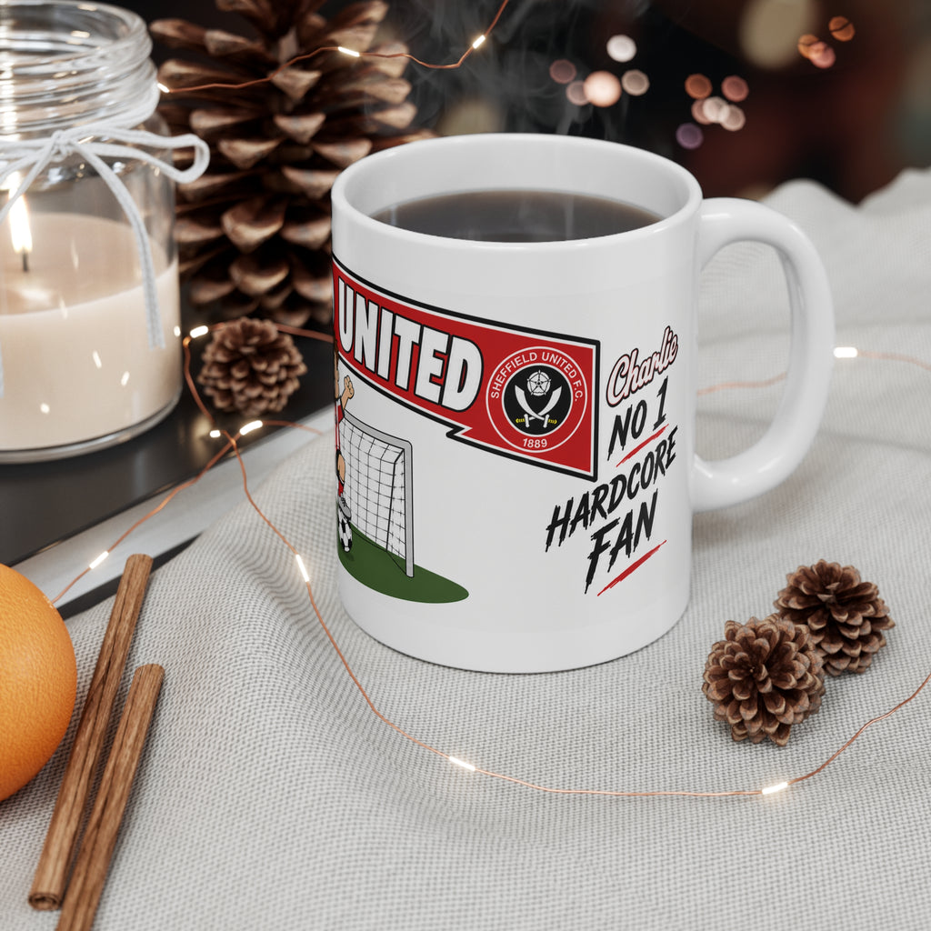Personalised Sheffeild United Football Club Mug — Cartoon Player & Trophy 11oz