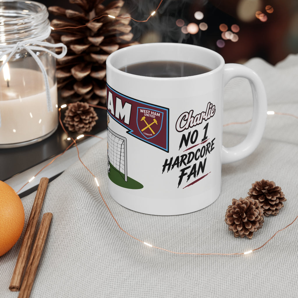 Personalised West Ham  Football Club Mug — Cartoon Player & Trophy 11oz