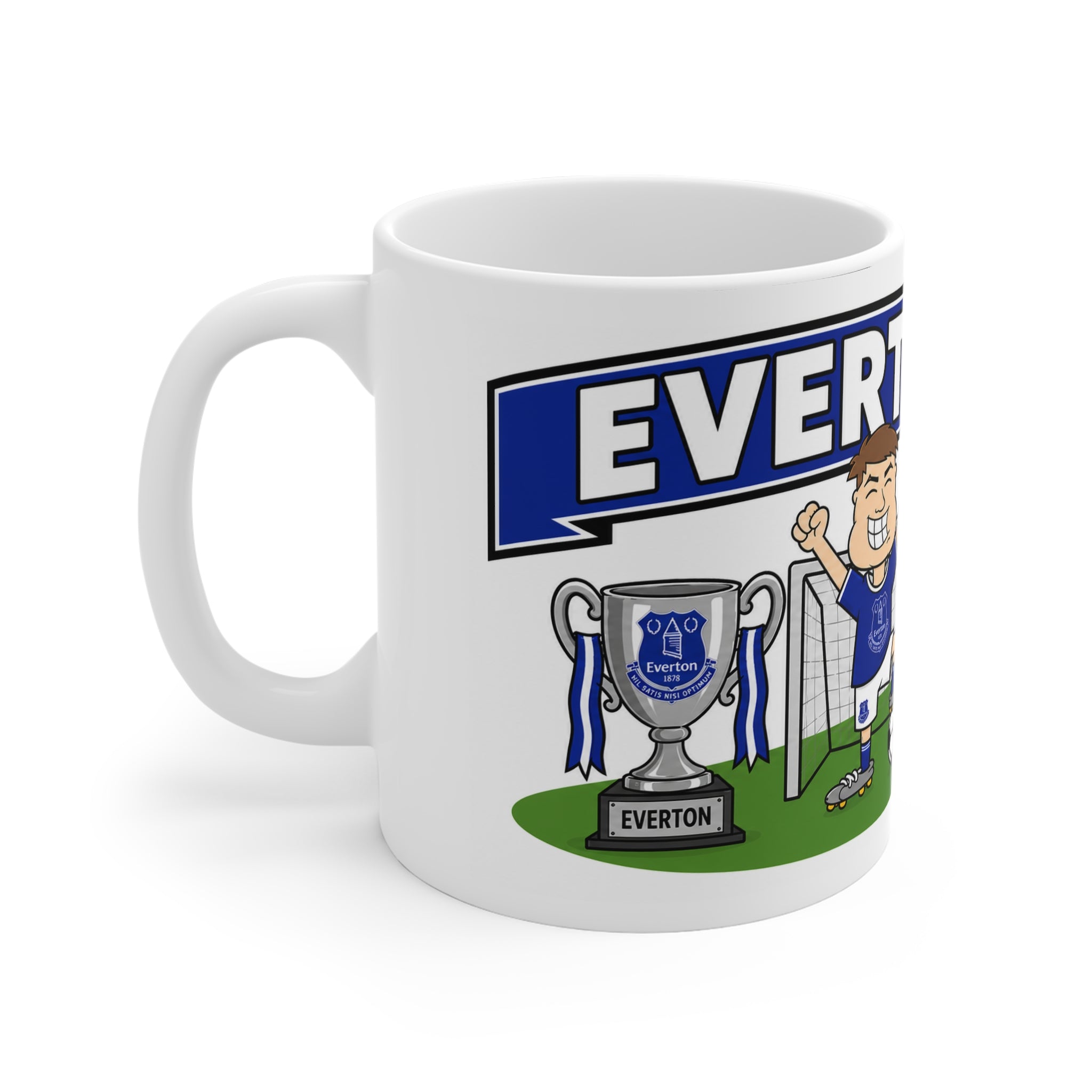 Personalised Everton Football Club Mug — Cartoon Player & Trophy 11oz