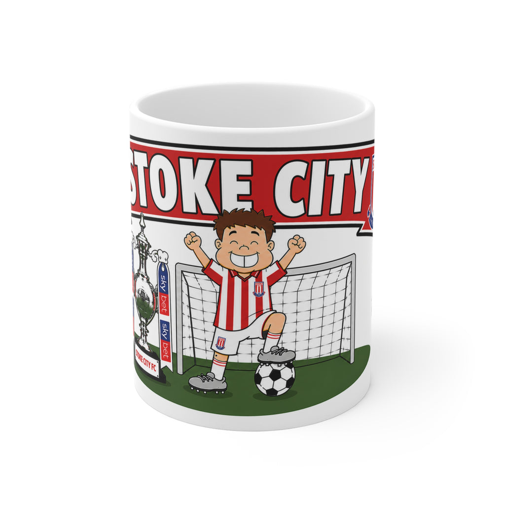 Personalised Stoke Football Club Mug — Cartoon Player & Trophy 11oz