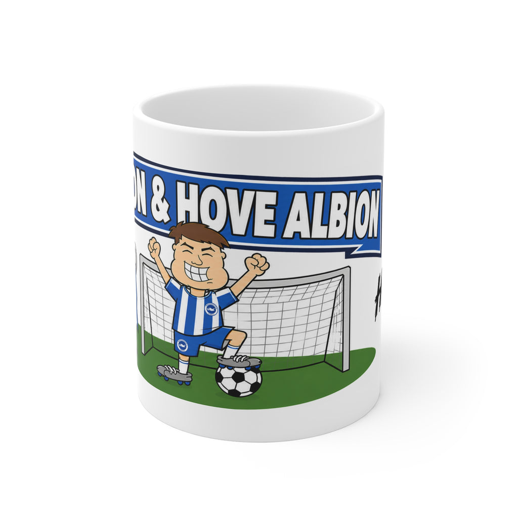 Personalised Brighton & Hove Albion Football Club Mug — Cartoon Player & Trophy 11oz