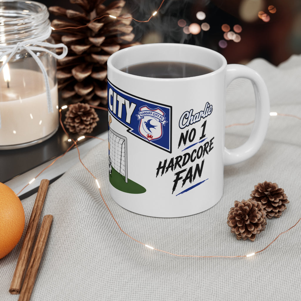 Personalised Cardiff City Football Club Mug — Cartoon Player & Trophy 11oz