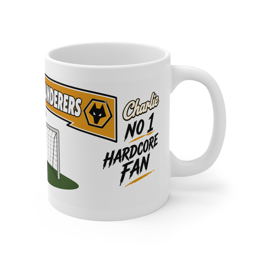 Personalised Wolverhampton Wanderers Football Club Mug — Cartoon Player & Trophy 11oz