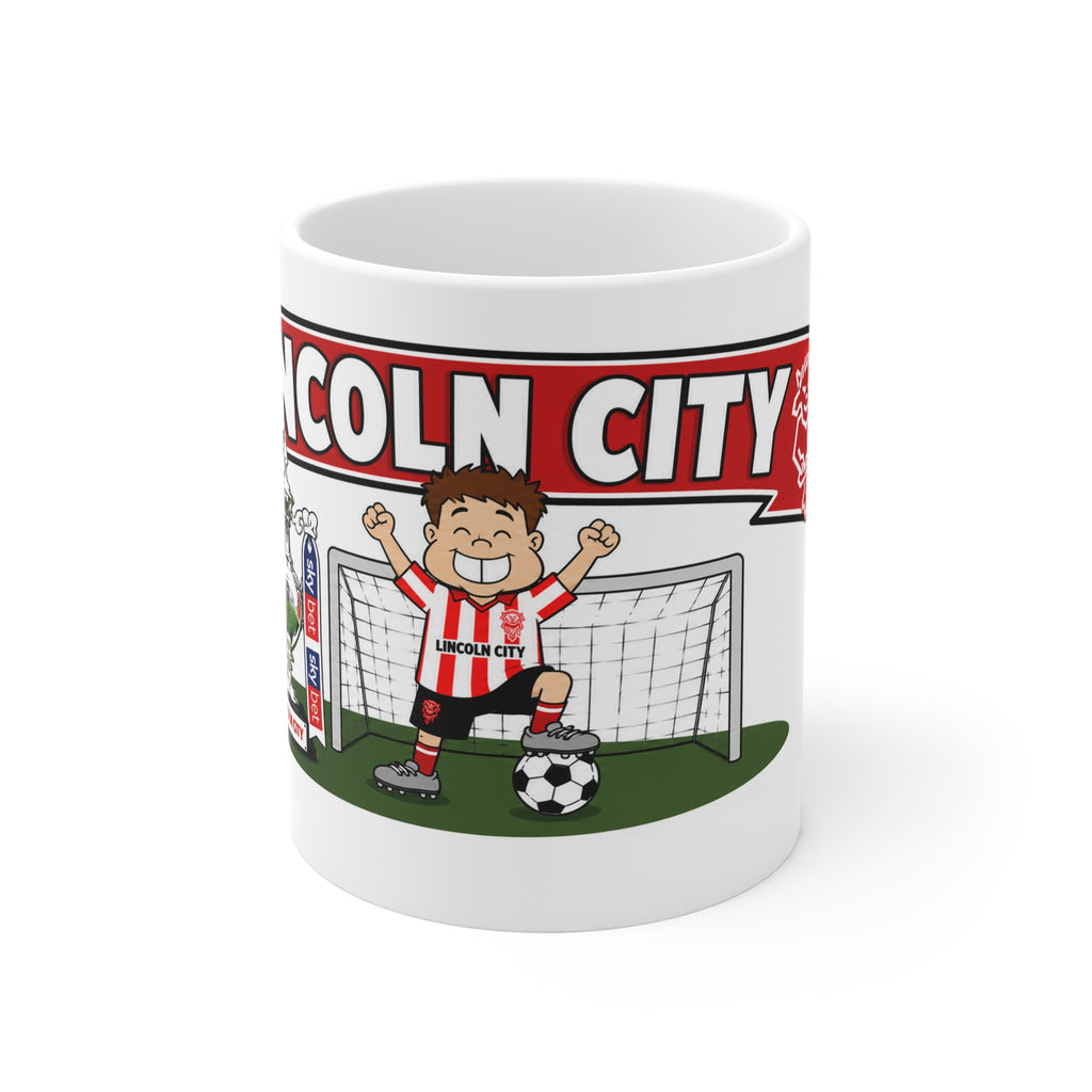 Personalised Lincoln City Football Club Mug — Cartoon Player & Trophy 11oz
