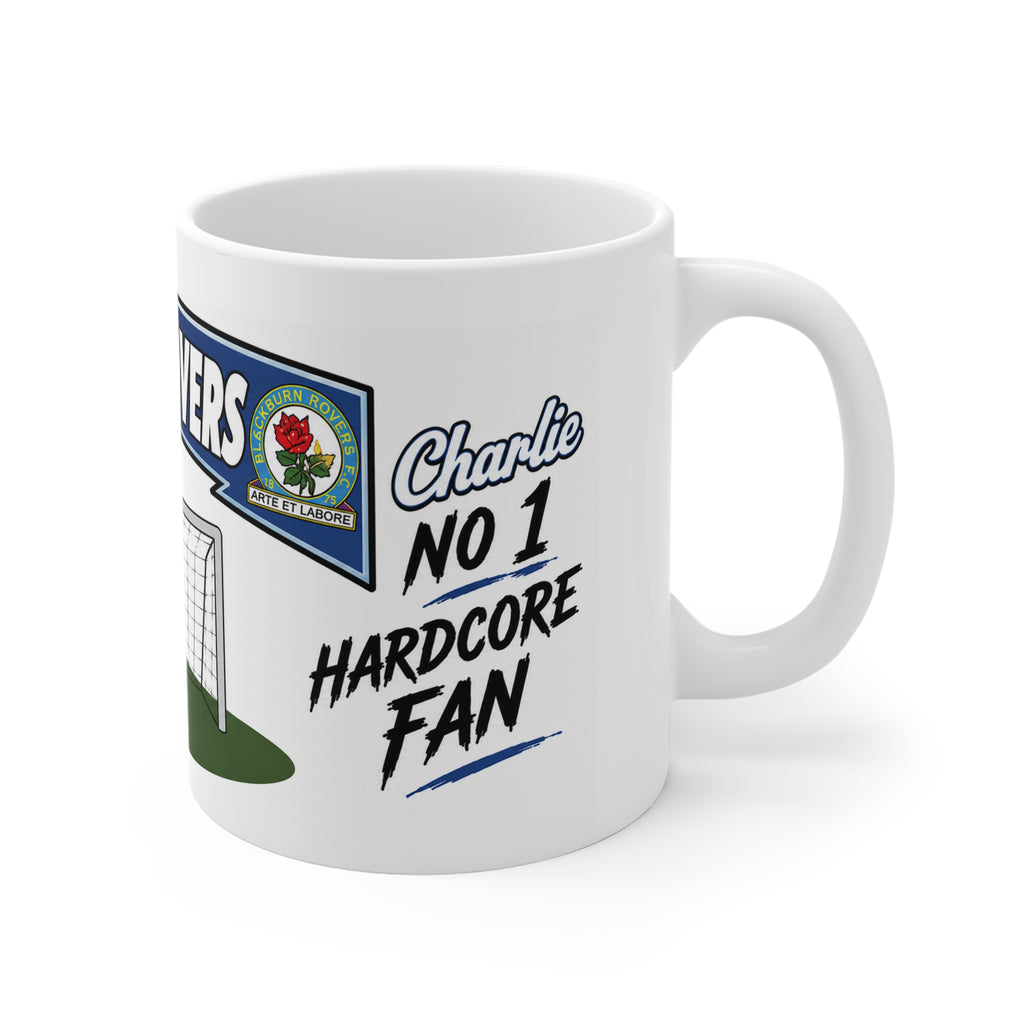 Personalised Blackburn Rovers Football Club Mug — Cartoon Player & Trophy 11oz