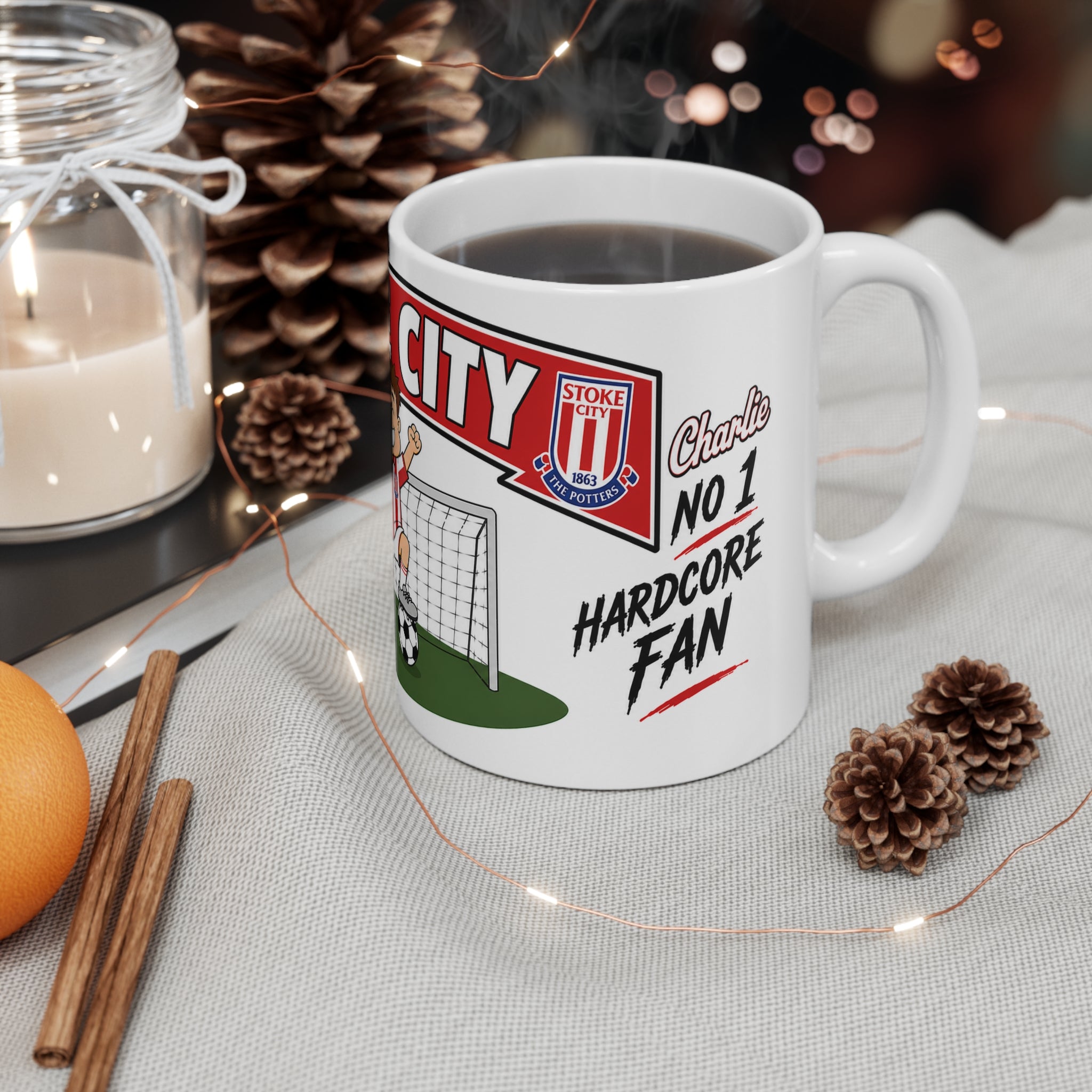 Personalised Stoke Football Club Mug — Cartoon Player & Trophy 11oz