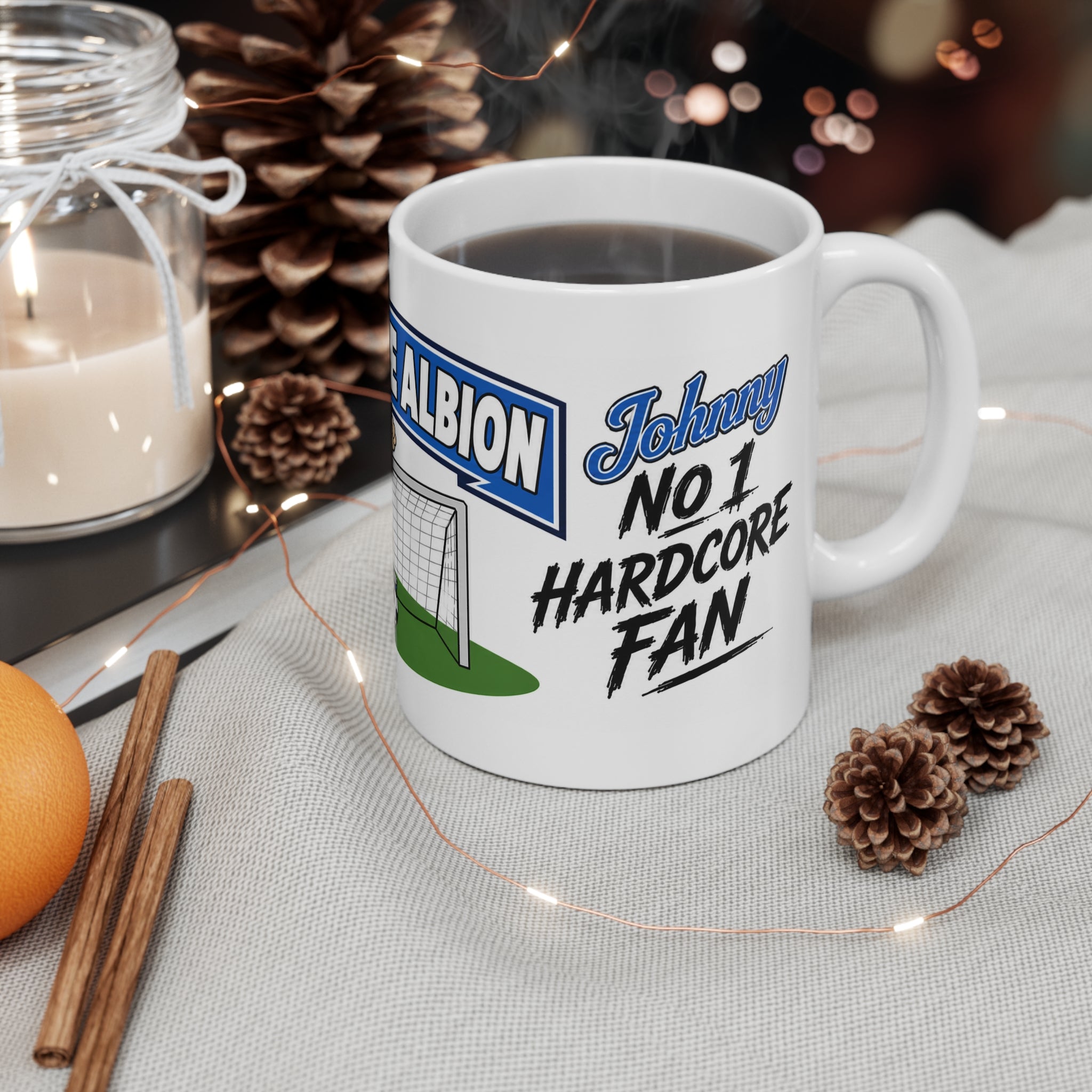 Personalised Brighton & Hove Albion Football Club Mug — Cartoon Player & Trophy 11oz